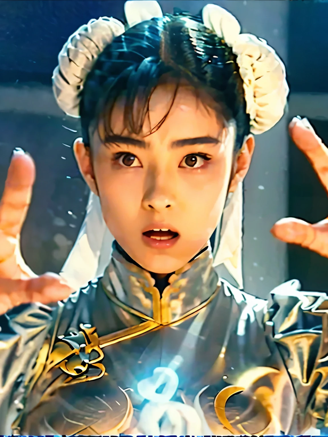 they are mentally unified , Concentrated, A large sphere of qigong energy shining between the wide open palms emits a pale light, HD, detailed, masterpiece