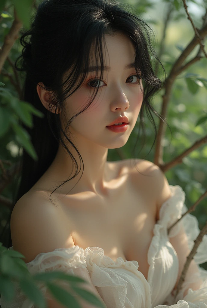 a beautiful girl, ager, angelic face, japanese, close up shot, big breast, sleeveless satin leotard, pond, grassland