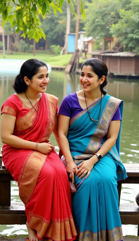 Two Malayali house wives , wearing saree,  talking with each others as friends,sitting  pose, photoshoot for nostalgia, scenic back water locations in kerala
