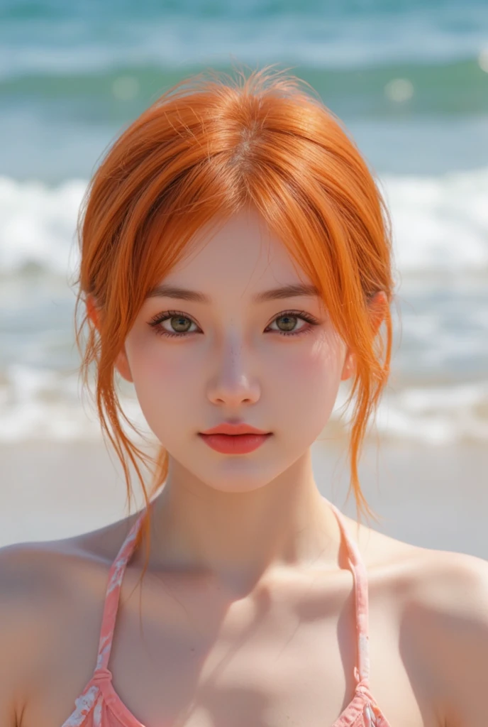 a red-haired girl with wavy pixie hair on a beautiful beach on a realistic sunny day,fullhd,1080,ligthreal