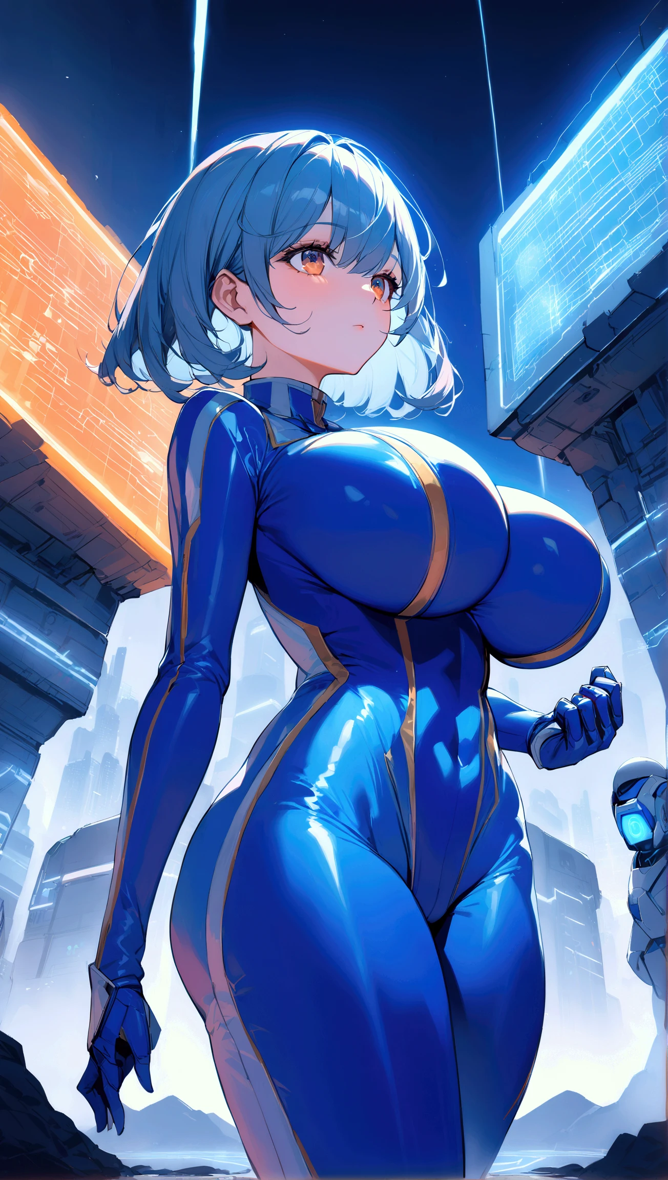  A girl with big breasts , big thighs and butt with short hair and sky blue,  with a fringe that falls on her cunning amber eyes .  Her electric blue latex suit shines under the neon lights of a spaceport . behind her,  a blue robot with aerodynamic lines and silver flashes stands as her faithful companion .  The contrast between the calm of her eyes and the energy of her environment makes her stand out as a cold and calculating strategist.