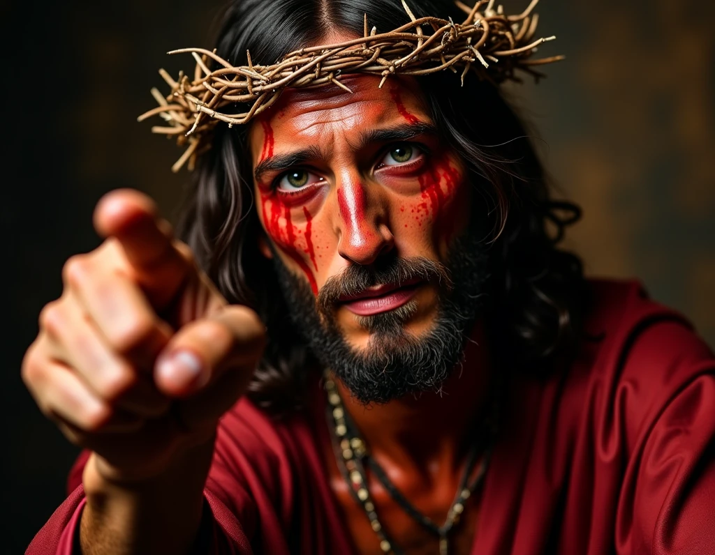 Draw a picture of Jesus with an expression of deep pain and suffering. Show the marks of the crucifixion, with a crown of thorns on his head. Your eyes should reflect sadness and compassion. Use a dark background to intensify the atmosphere of sacrifice and suffering. The image should convey the depth of your pain, but also the strength of your love and sacrifice