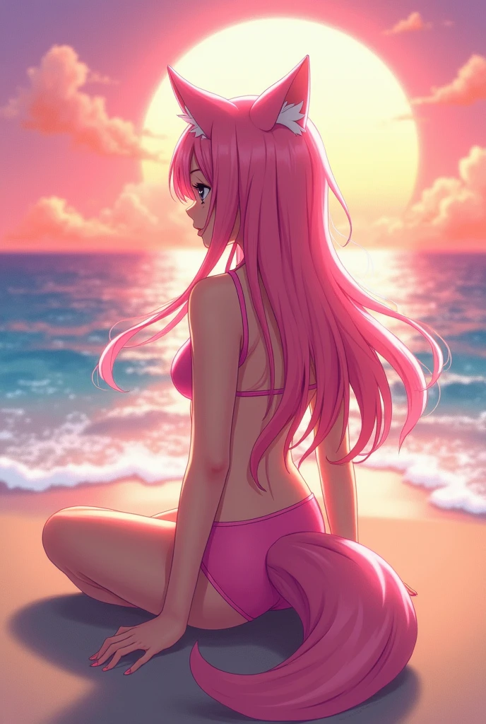 (fluffy anthro furry :1.6),(young :1.6),fox girl,long hair,wavy hair,(pink hair :1.6),green eyes,sparkle eyes,glistering eyes,glowing eyes,(pink fur :1.6),floral hair ornaments,sunbeam,shiny skin,sweating,soak body,sweating sexy girl,full face blush,sex suggestive face,smile,beautiful beach,legs in water, totaly naked
