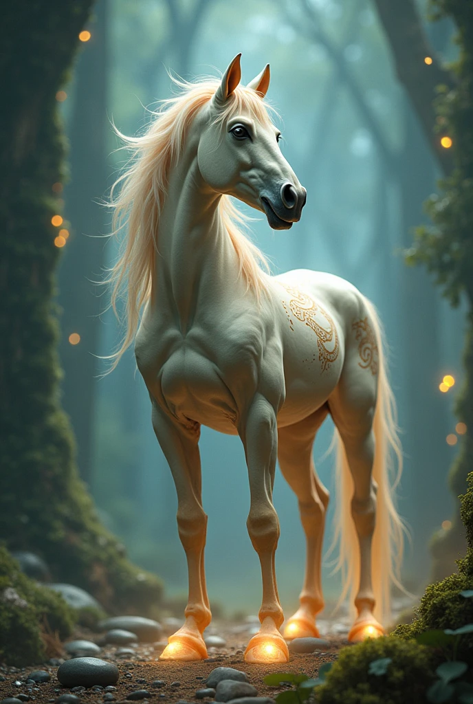 A stunning female centaur stands gracefully in a lush forest clearing. Her upper body is that of an elegant woman with long, flowing hair cascading down her back, and her eyes sparkle with intelligence and kindness. Her skin has a soft, radiant glow, complementing her strong yet feminine features. Her lower half is that of a powerful, sleek horse, with a glossy coat and strong, muscular legs. She wears delicate jewelry made of silver and leaves, which adds to her ethereal beauty. The sunlight filters through the trees, highlighting her as a mystical and majestic creature.