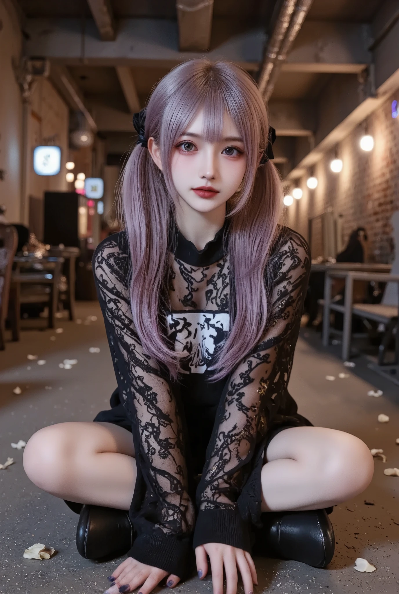 a beautiful young girl\(full-body,sitting gracefully on the dusty concrete floor of an underground urban setting. open mouth and smile,She has striking purple hair with gradient streaks of blue and silver,twin tail hair, her glowing violet eyes highlighted as she playfully frames one of them with her fingers. Jiraikei_Fashion_Flux,dark blue nails. Her serene expression and gentle smile, combined with her slightly tilted head, exude a calm and playful aura\),
background\(dimly lit industrial space, with exposed brick walls and iron beams that give a rugged, underground vibe. Scattered neon lights softly illuminate the scene, casting subtle reflections across vintage furniture and worn-out textures. Faint graffiti decorates the walls, adding an edgy charm, while warm, moody lighting creates dramatic contrast. Scattered petals lie on the floor, blending delicately with the dusty, grungy ambiance\),The illustration is rendered with ultra-detailed textures, cinematic lighting, and ray tracing effects, achieving a photorealistic 8k resolution for a visually stunning composition.