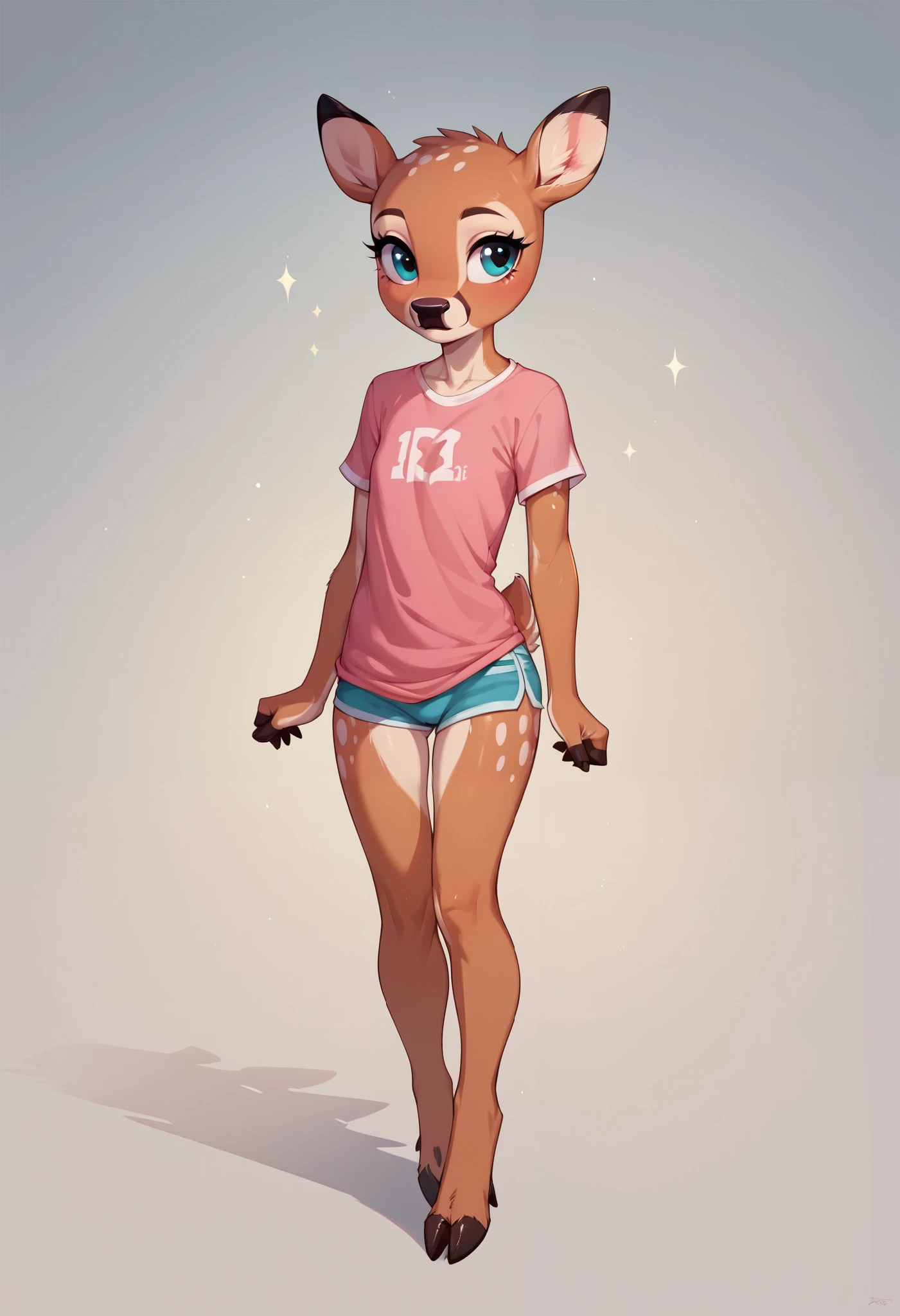 score_9, score_8_up, score_7_up, score_6_up, source_furry, 1girl, solo, cervine, (doe), (female deer), (deer), mammal, anthro, flat chest, (cub), tiny, long eyelashes, countershading, fpink shirt, 5 fingers, (tight fit), (zoomed out:1.2), (full body view)