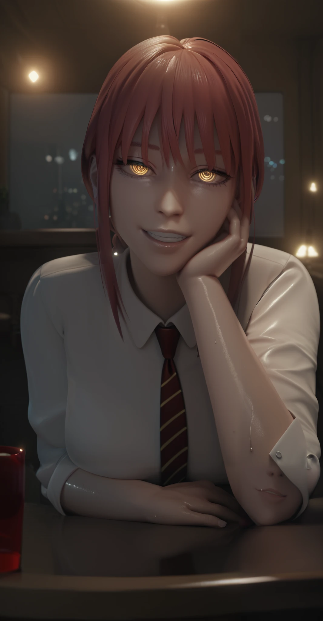 score_9, score_8_up, score_7_up, score_6_up, uncensored, Makima, maroon hair, braided ponytail, ringed eyes, yellow eyes, naughty face, shiny skin, sweating, BREAK UHD, retina, masterpiece, accurate, anatomically correct, textured skin, super detail, high details, high quality, award winning, best quality, highres, 4K BREAK, hearts, pleasured, Expressiveh, clenched teeth, elbow gloves, head rest, table, cup, head rest, gloves, necktie, bokeh, spotlight, looking at viewer, half-closed eyes, shaded face,