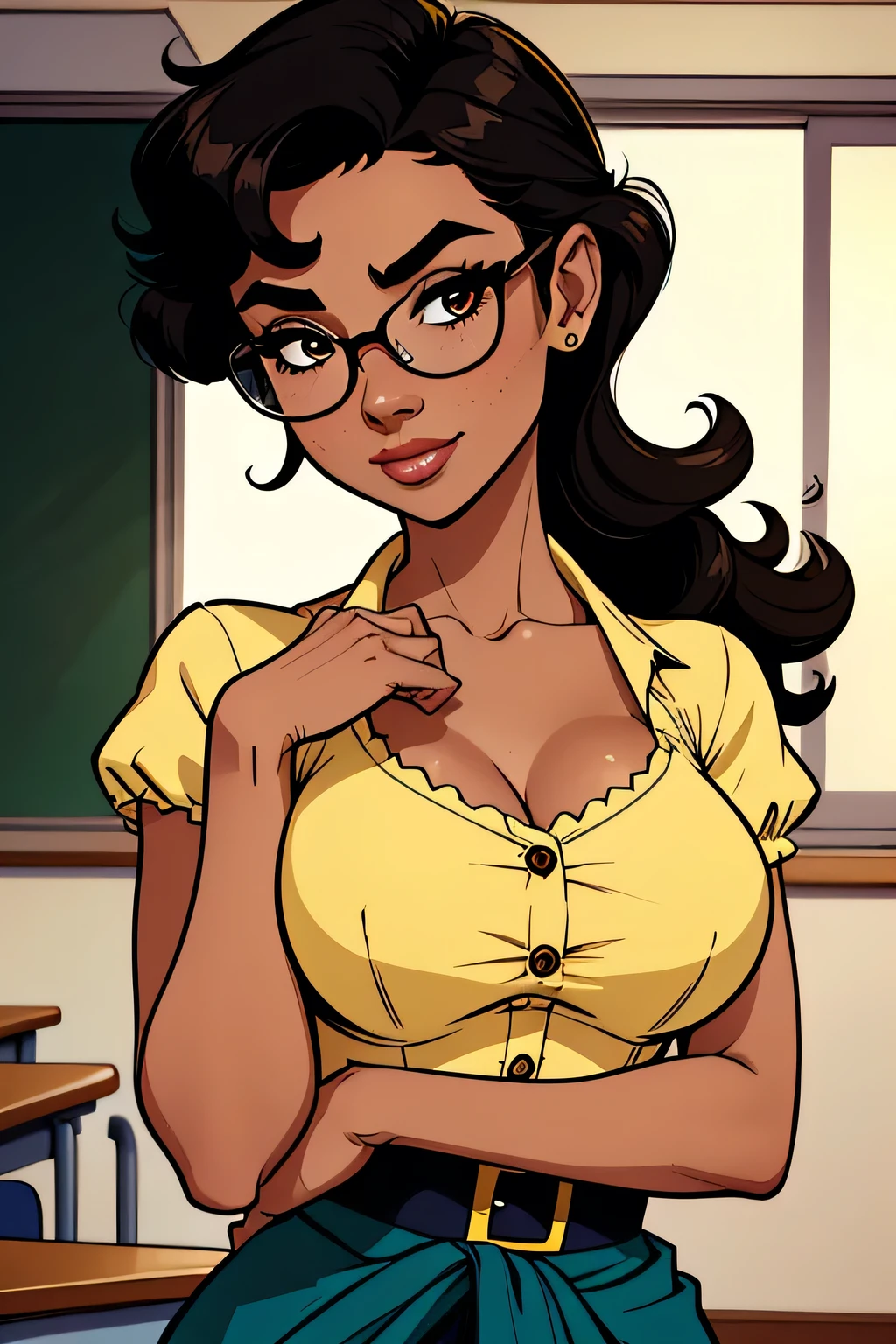 ( absurd, high quality, Ultra Delicate, be careful with your hand) Close-up of a thin woman , to hide, athletic, 25 years, 8k ( high definition), sighing smile , seductive look, brown eyes , round nose, teacher wearing yellow 60s style dress ((neckline, buttons, short sleeves )), discreet waist belt , herself wearing glasses, arms positioned on the sides of the body (( hands around the waist)), ebony skin , short black hair ((curly)), Walking around the environment ((Close on the upper body )), with freckles on your chest and neck , (( large, round breasts )). Marvel style (( high quality)), classroom in the background .