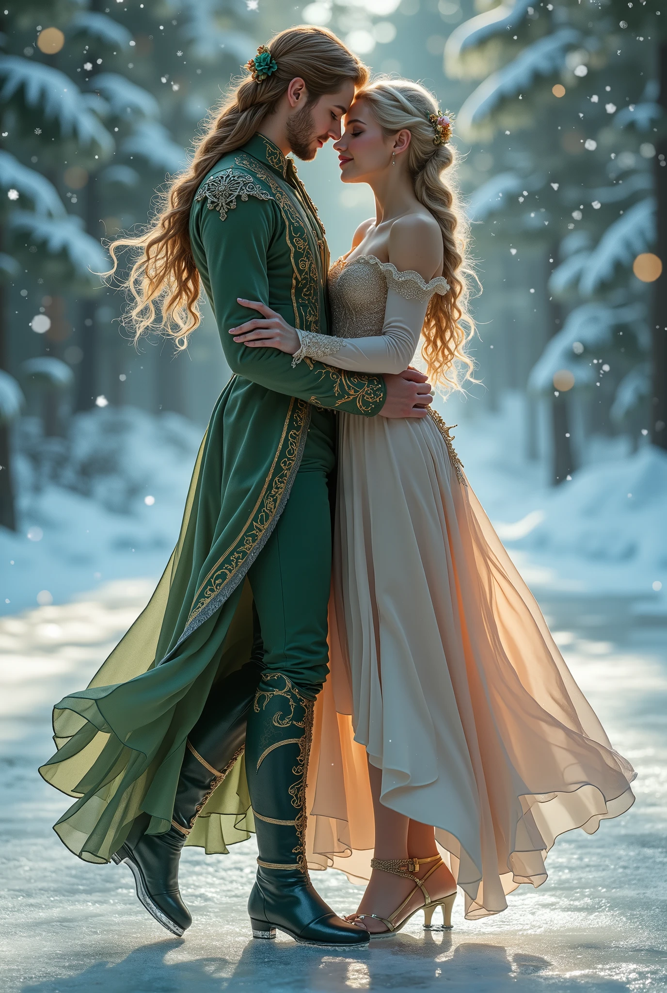 A beautiful dance on ice featuring two elfs, dressed in glossy dresses, realistic and fantastical atmosphere, ethereal lighting, intricate details, whimsical background, soft glows, elegant poses, magical winter scenery