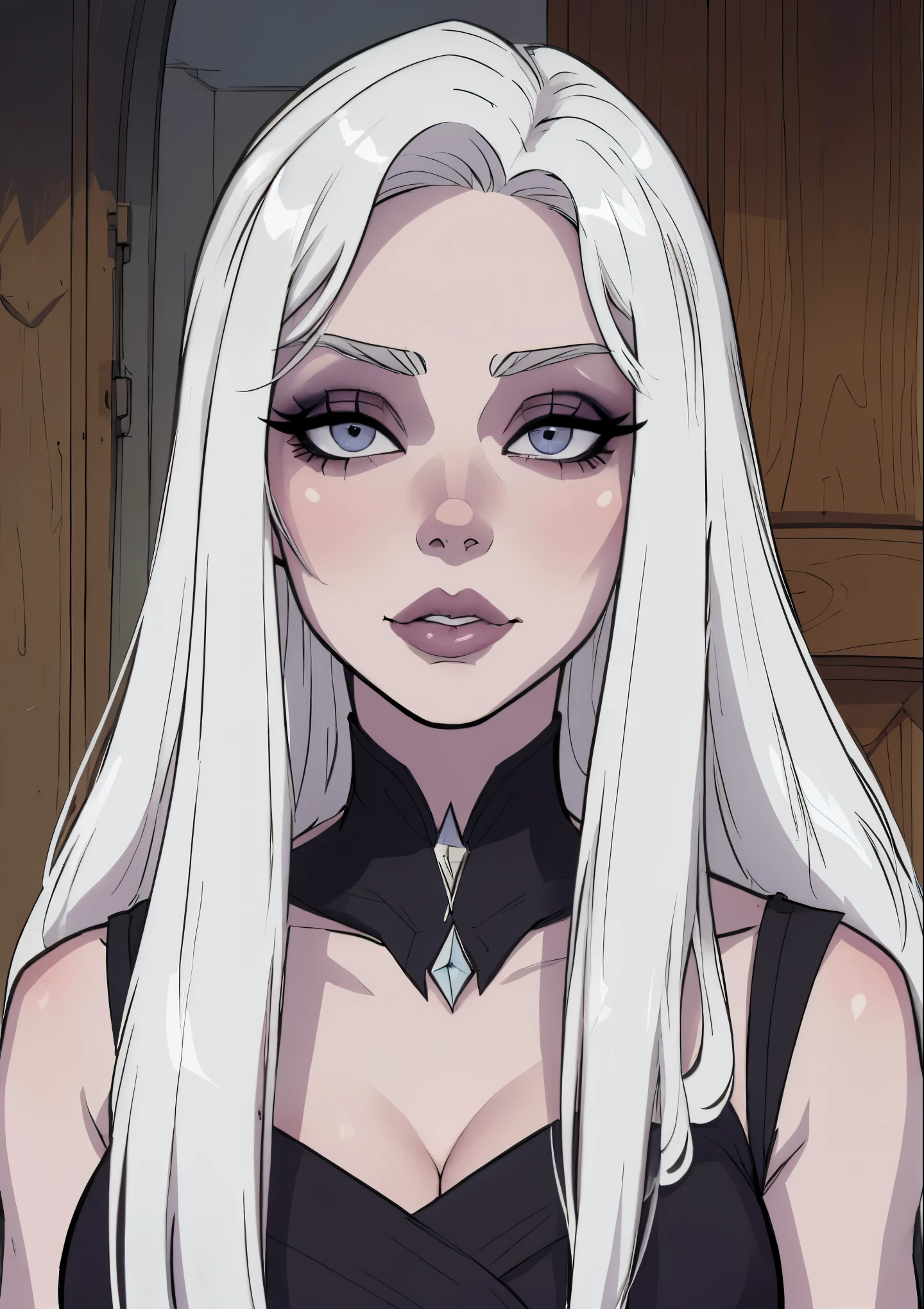 masterpiece, best quality, 1female, beautiful, face portrait, solo, deep makeup, 1girl, face focus, makeup, pale skin, gray eyes, white hair, long hair, straight hair, cell shading, dark gloomy art style, cell shading, nyantcha