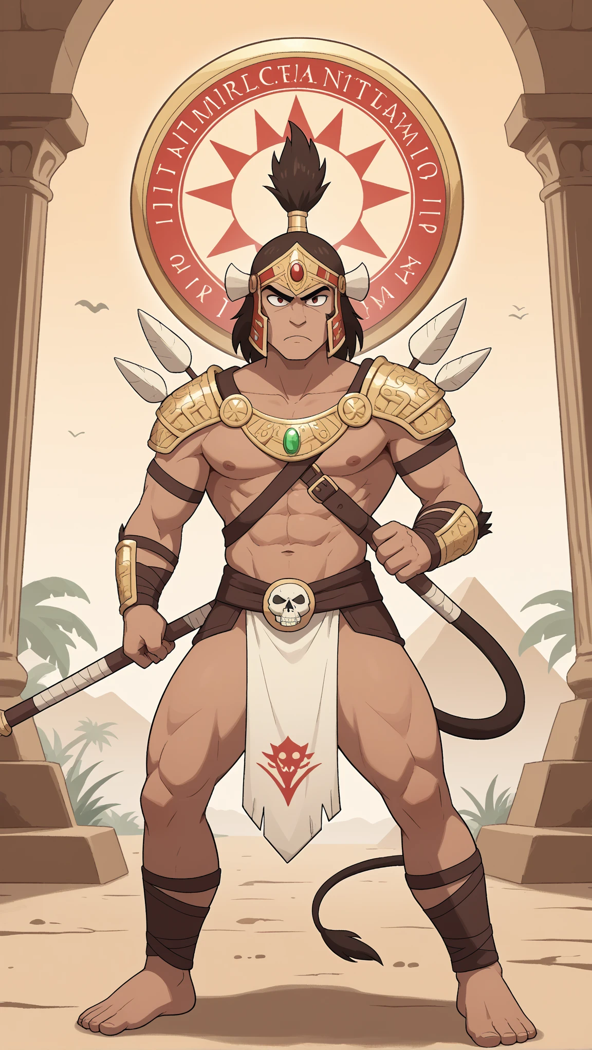 Imagine an Mayan puma Warrior, wearing a puma skull as helmet, bottom half man, fierce, muscular, wearing gems and gold jewelry, but also an mayan style armor, ready to fight, background of a pyramid on the ground in the middle of the jungle, male ,one torso,one abdomen,one head,two legs,two thighs,two feet,two arms,two hands , one puma style tail, 1.68 meters tall 
Matt, at 23 years old, is a humanoid Puma Warrior standing at 1.68 meters (5'6") tall.

His body is sleek, agile, and well-toned, with golden-brown fur covering his entire body, accented by dark spots that reflect the natural patterns of a puma. His amber-colored eyes glow with an inner strength, radiating the power of the divine magic of the Temple. His face has sharp, feline features-his nose is slightly elongated, and his ears are pointed with tufts of fur at the tips, giving him a distinctly wild and noble look.

He wears lightweight, enchanted armor that is designed for mobility and defense, made from materials like enchanted leather and a hint of metal to reinforce his armor. The design allows for maximum freedom of movement while still providing protection. He also wears a golden medallion that hangs around his neck, symbolizing his bond to the Temple and his sacred purpose. Matt's overall expression is serious, focused, and stoic, reflecting the responsibility he carries as a protector of the Temple. His stance is always poised, ready for action, but his eyes hint at the emotional depth and internal conflict that comes with his eternal youth.