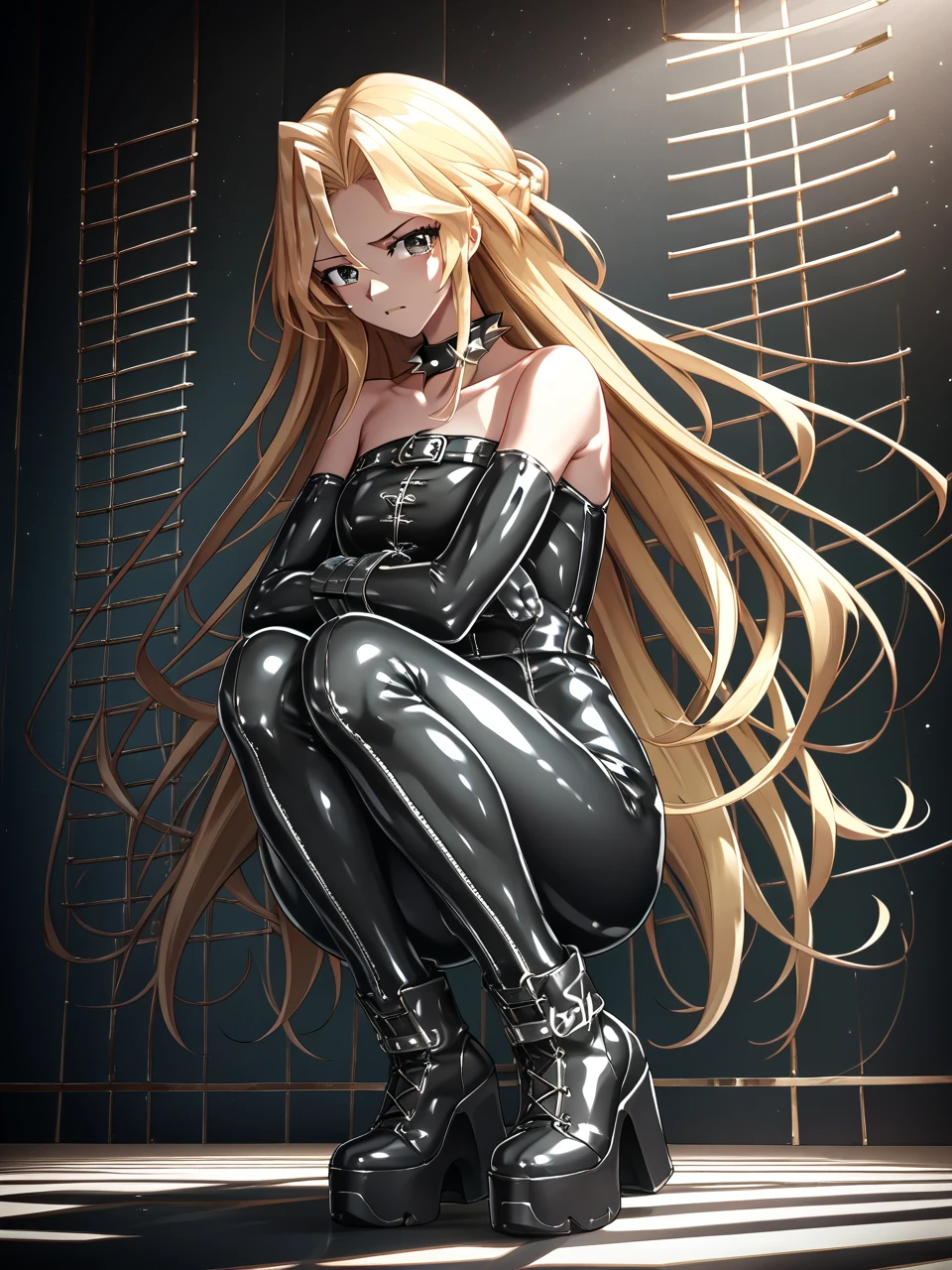         best quality ,         best quality ,      High Definition Photos        ,   Masterpiece ,          Ultra high resolution   ,         detailed background ,         absurd,      perfect anatomy    ,         performance   ,  good lighting ,      PHOTO GALLERY     ,         1 girl,  Peacock dance、 Blonde、 barbed collar、  long hair、 bare shoulders、 platform boots、 rubber bondage