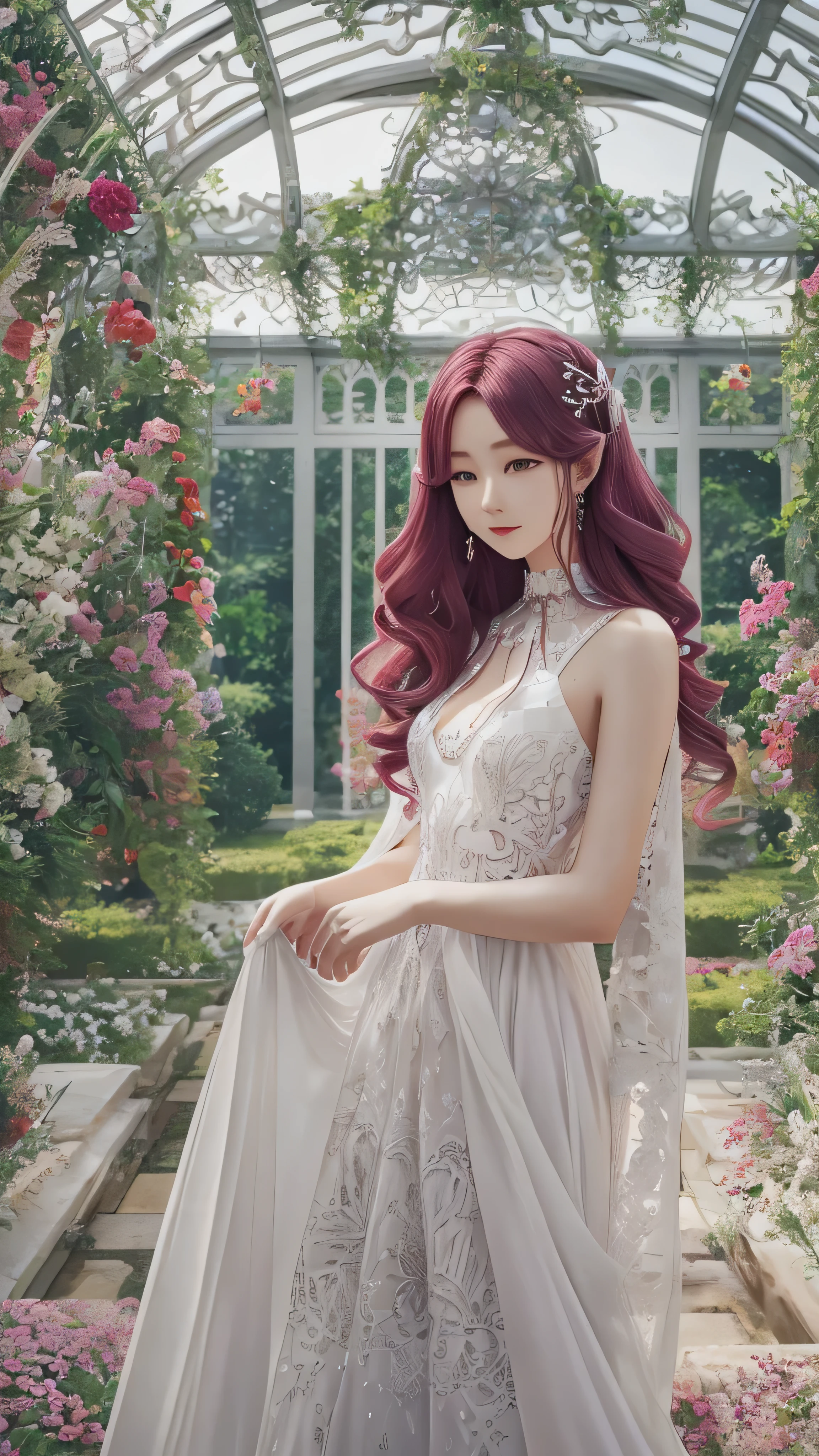  highdefinition images , white dress,  a huge space with cute hair ornaments, Maroon hair in the garden ,顔の Details、  beauty,  is tall, Inside a huge space  ,  long hair,  Clevis on the Stone , Emotionless,  Details, whole body,  a colorful botanical garden venue 。