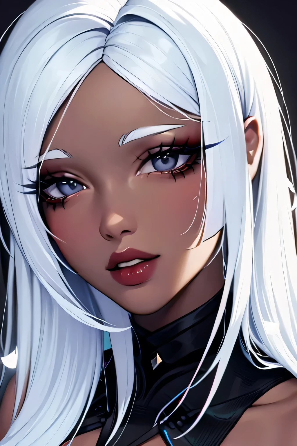 Fine detailed face perfect blue eyes pale skin gothic makeup, labios voluminosos y rosados boca abierta mostrando colmillos ,sonrisa coqueta y sexy esbelta y seductora posando grandes tetas escote 1.2