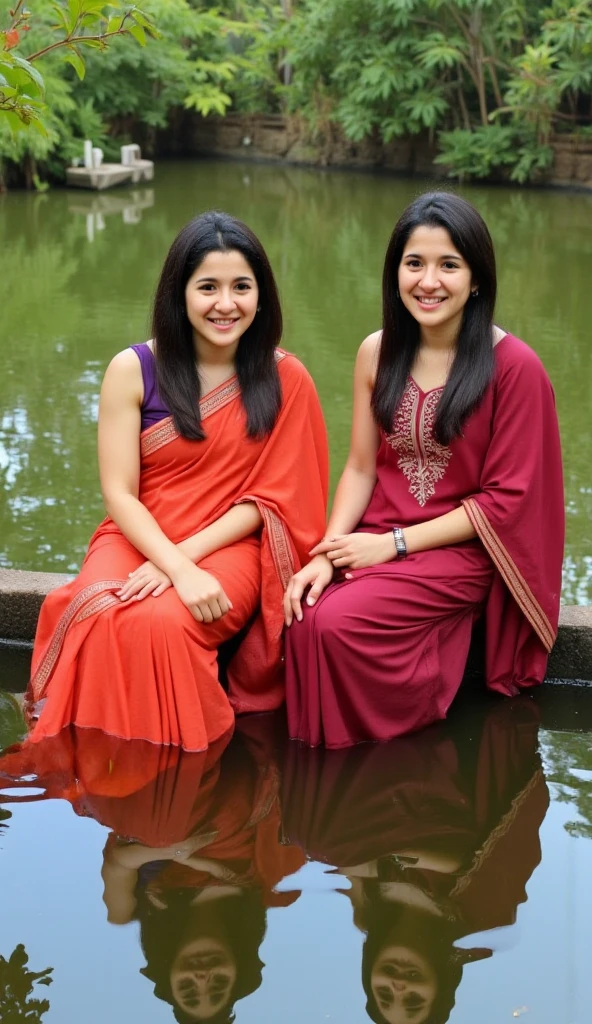 Hania and ashkenzai , wearing saree,  talking with each others as friends,sitting  pose, photoshoot for nostalgia, scenic back water locations in kerala
