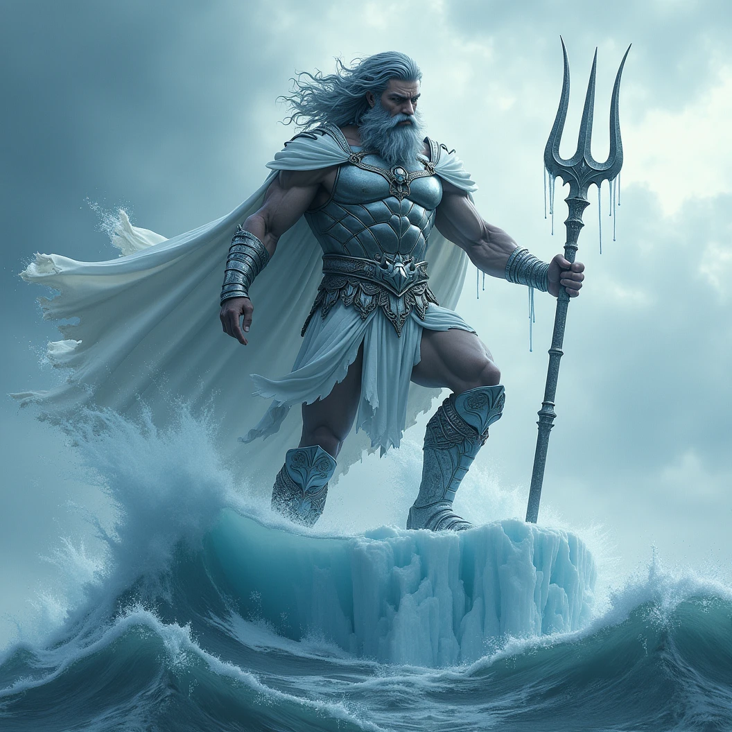 Greek statue, Zeus, Poseidon in the sea,storm,lightning ,foam, scary statue ,angry face,standing waist-deep in the sea,blue-skinned