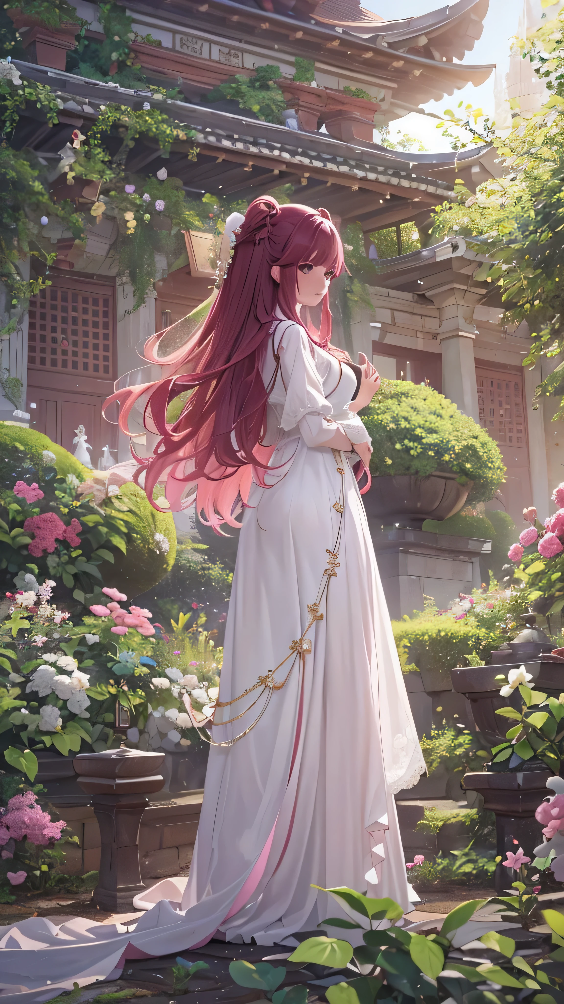  highdefinition images , white dress,  huge space with cute hair ornaments, Maroon hair in the garden ,顔の Details、  beauty,  is tall, Inside a huge space  ,  long hair, in a pink dress 、  Clevis on the Stone , Emotionless,  Details, whole body,  a colorful botanical garden venue 。