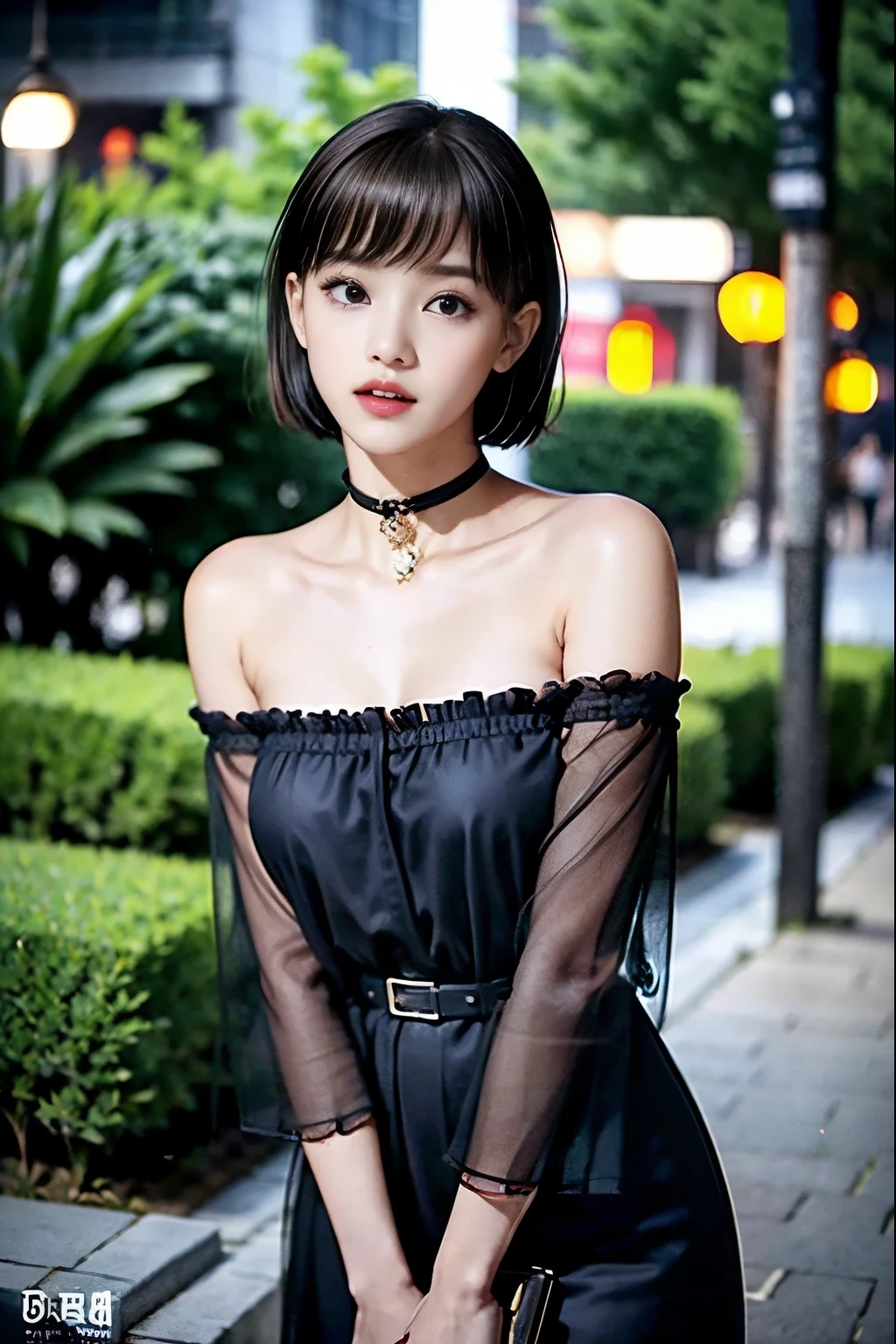 １ girls with light makeup、（Chestnut Hair、Wanren's short cut hair）、wooden ruins at night、（black off-the-shoulder dress、 black choker）、 white skin so you can fall out 、 an impeccable young lady no matter where you look at it、・・・２２Year-old female college student、Crimson lips、Red blush、(( brown skin))、