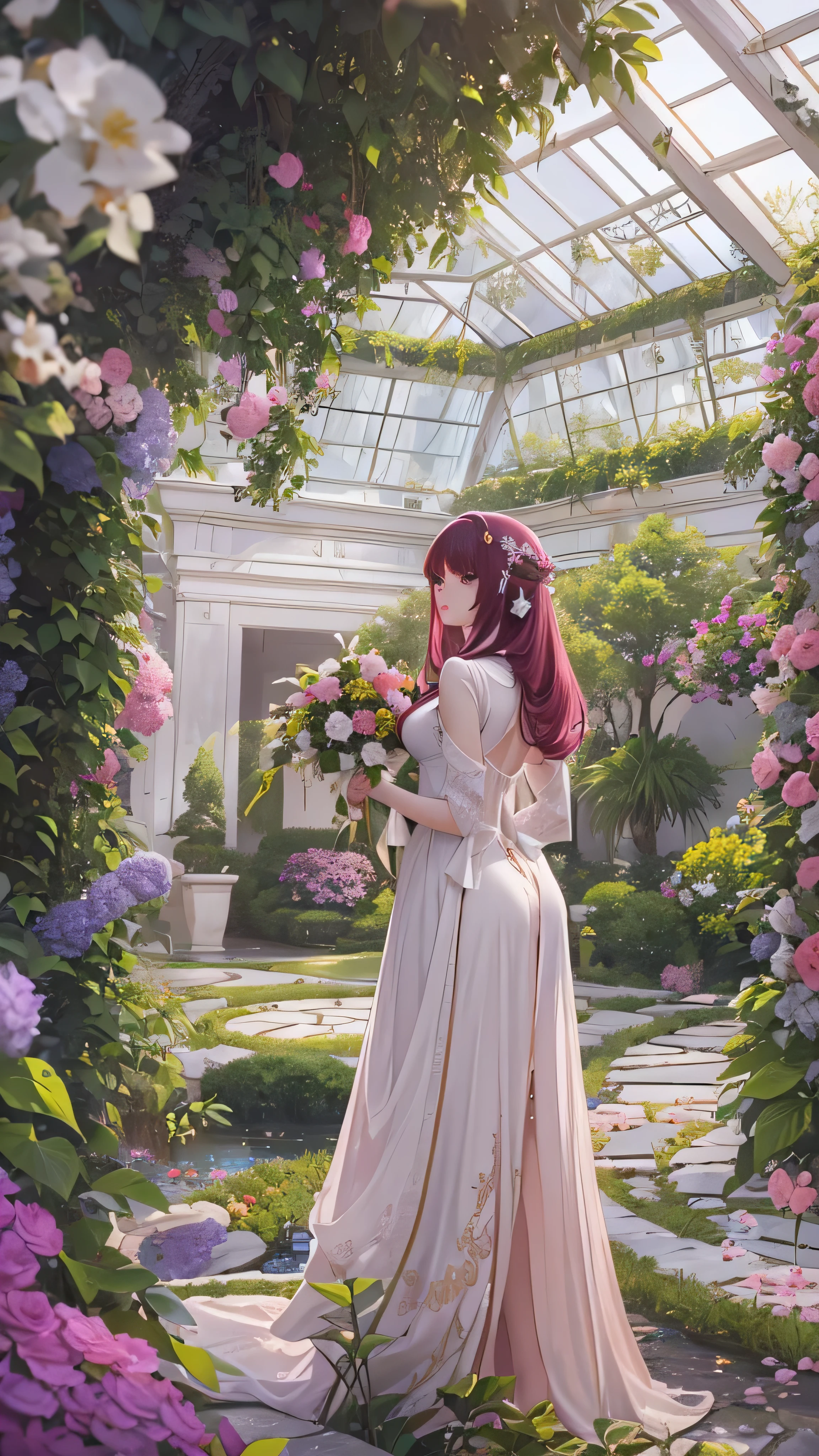  highdefinition images , white dress,  huge space with cute hair ornaments, Maroon hair in the garden ,顔の Details、  beauty,  is tall, Inside a huge space  ,  long hair, in a pink dress 、  Clevis on the Stone , Emotionless,  Details, whole body,  a colorful botanical garden venue 。