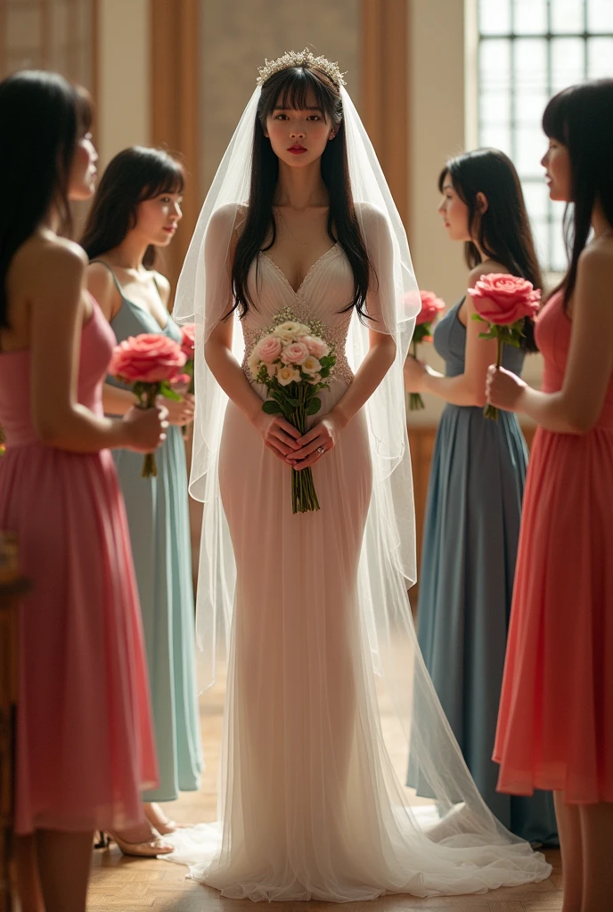 (open eyes:1.5), looking at viewer, (full body shot:1.3),
(8k, RAW photo, masterpiece:1.2), High detail RAW color photo, 
(realistic), ((best quality)), cinematic light,
wedding dress, long skirt, long sleeve, tiara, hair ornament, veil, gorgeous necklace lace, frills, long tail on dress,
 <lyco:MultipleGirlsGroup:1.0>, multiple girls, group picture, 4girls, symmetry
 <lora:OpticalTech:0.29>, opticaltech, inner glow, a lot of candles around temple
