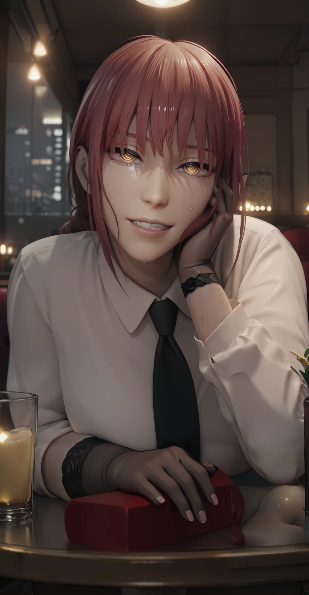 score_9, score_8_up, score_7_up, score_6_up, uncensored, Makima, maroon hair, braided ponytail, ringed eyes, yellow eyes, naughty face, shiny skin, sweating, BREAK UHD, retina, masterpiece, accurate, anatomically correct, textured skin, super detail, high details, high quality, award winning, best quality, highres, 4K BREAK, hearts, pleasured, Expressiveh, clenched teeth, elbow gloves, head rest, table, cup, head rest, gloves, necktie, bokeh, spotlight, looking at viewer, half-closed eyes, shaded face, 