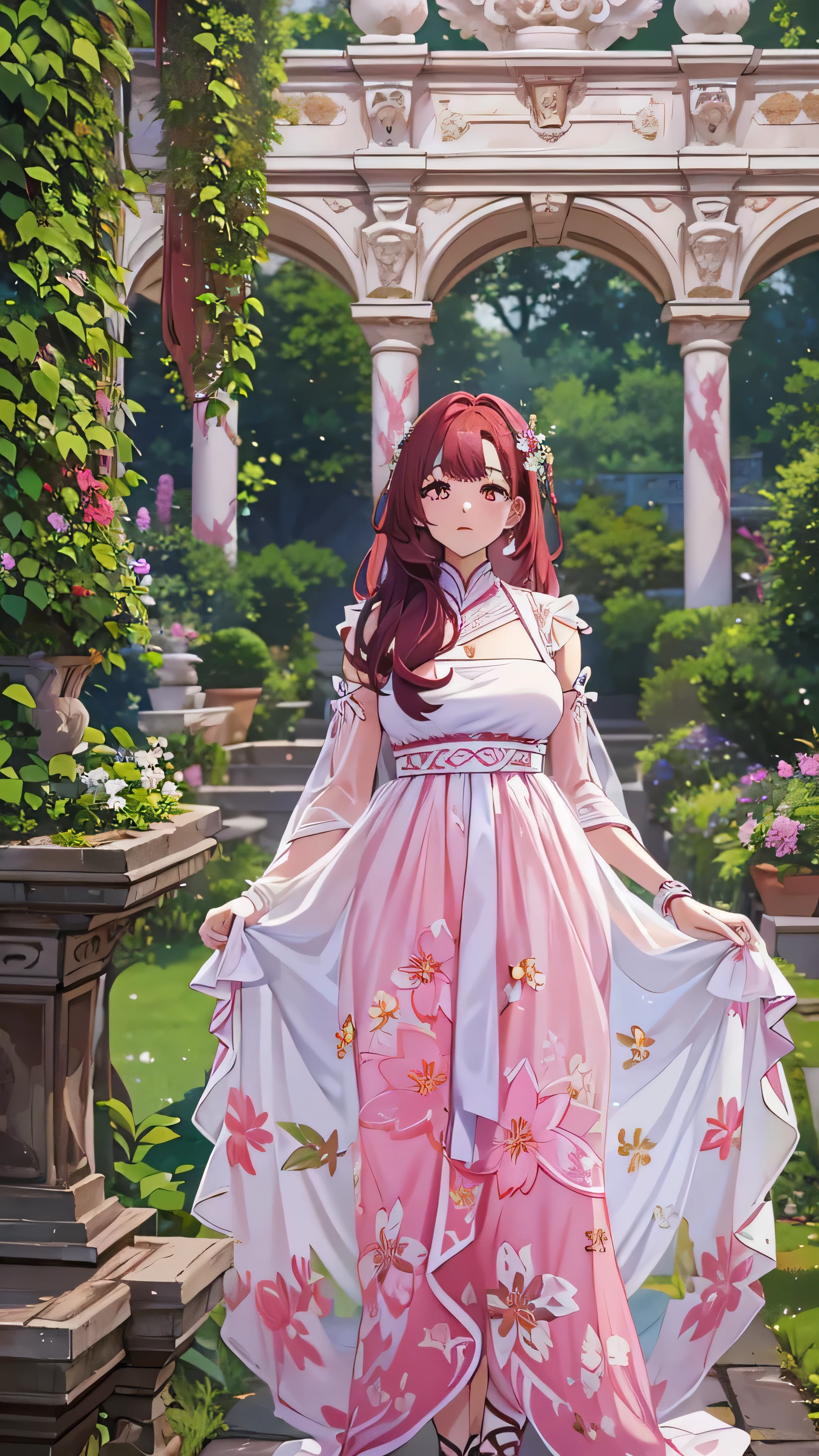  highdefinition images , white dress,  huge space with cute hair ornaments, Maroon hair in the garden ,顔の Details、  beauty,  is tall, Inside a huge space  ,  long hair, in a pink dress 、  Clevis on the Stone , Emotionless,  Details, whole body,  a colorful botanical garden venue 。