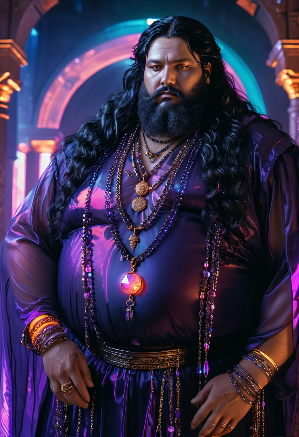 IMAGINAR, Dream of ,  key anime image , (hyper realistic and highly  Detailed , Full shot illustration of a fat and rich man ,from the time of ancient Israel ,gordo, long black hair, long black beard, dressed in luxurious clothes of the time with purple colors with lots of jewelry,chains, Pendants, bracelets,  bracelets ,rings (translucent,  bioluminescent and transparent :1.5) , photorealistic and highly  Detailed  skin, Visible pores, ultra  Detailed  skin textures, ( professional,  Finer details ,  maximized details ,  maximum level of detail ,  masterpiece,  better quality:1.5) ,  neon ruby red tone ,  duo tone ,  highly dynamic ,  highly dramatic volumetric lighting , electric blue,  Bright orange , neon green, Detailed :1.3) , Nikon Z9, f/2.8,  psychedelic colors , corporate