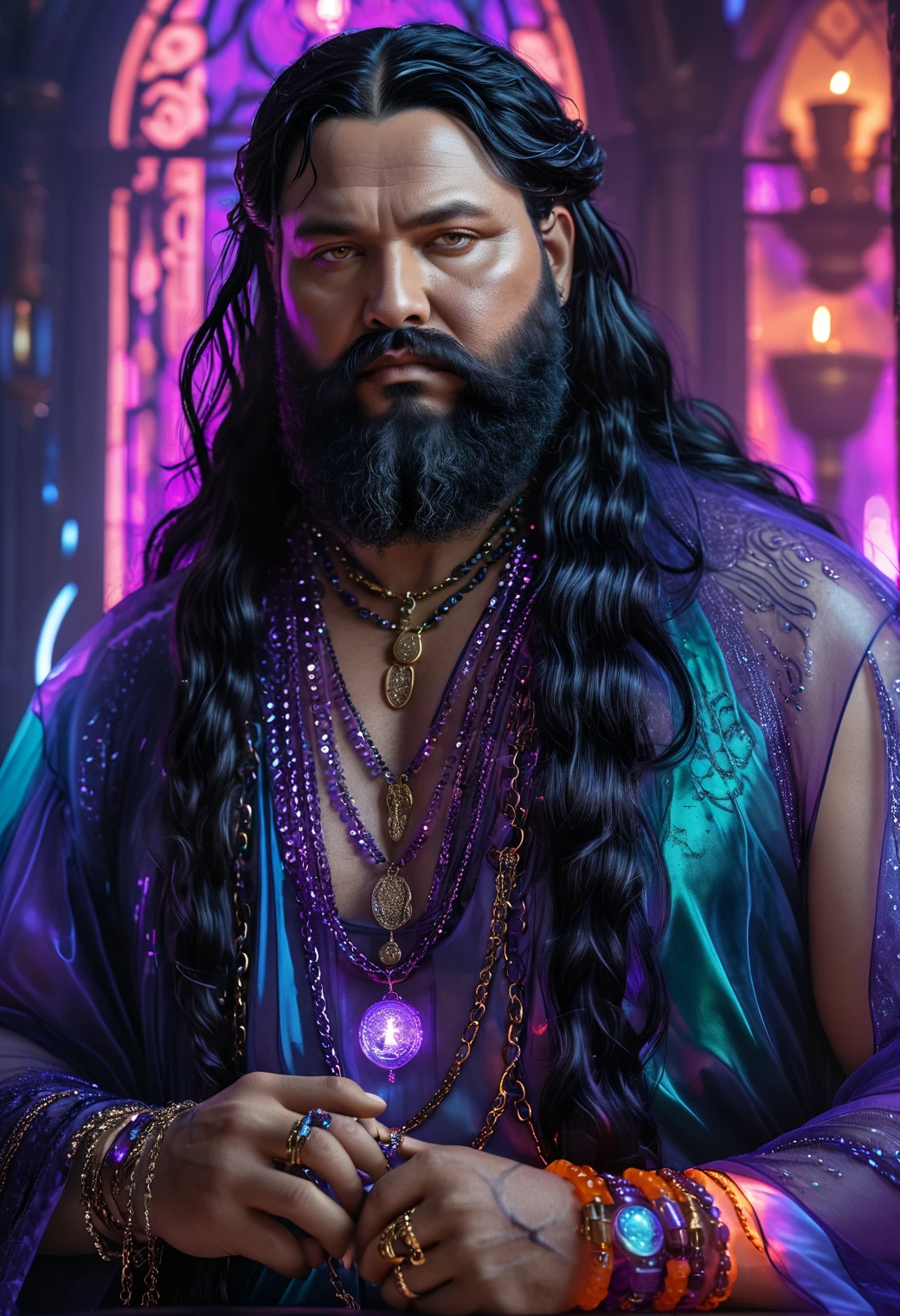 IMAGINAR, Dream of ,  key anime image , (hyper realistic and highly  Detailed , Full shot illustration of a fat and rich man ,from the time of ancient Israel ,gordo, long black hair, long black beard, dressed in luxurious clothes of the time with purple colors with lots of jewelry,chains, Pendants, bracelets,  bracelets ,rings (translucent,  bioluminescent and transparent :1.5) , photorealistic and highly  Detailed  skin, Visible pores, ultra  Detailed  skin textures, ( professional,  Finer details ,  maximized details ,  maximum level of detail ,  masterpiece,  better quality:1.5) ,  neon ruby red tone ,  duo tone ,  highly dynamic ,  highly dramatic volumetric lighting , electric blue,  Bright orange , neon green, Detailed :1.3) , Nikon Z9, f/2.8,  psychedelic colors , corporate