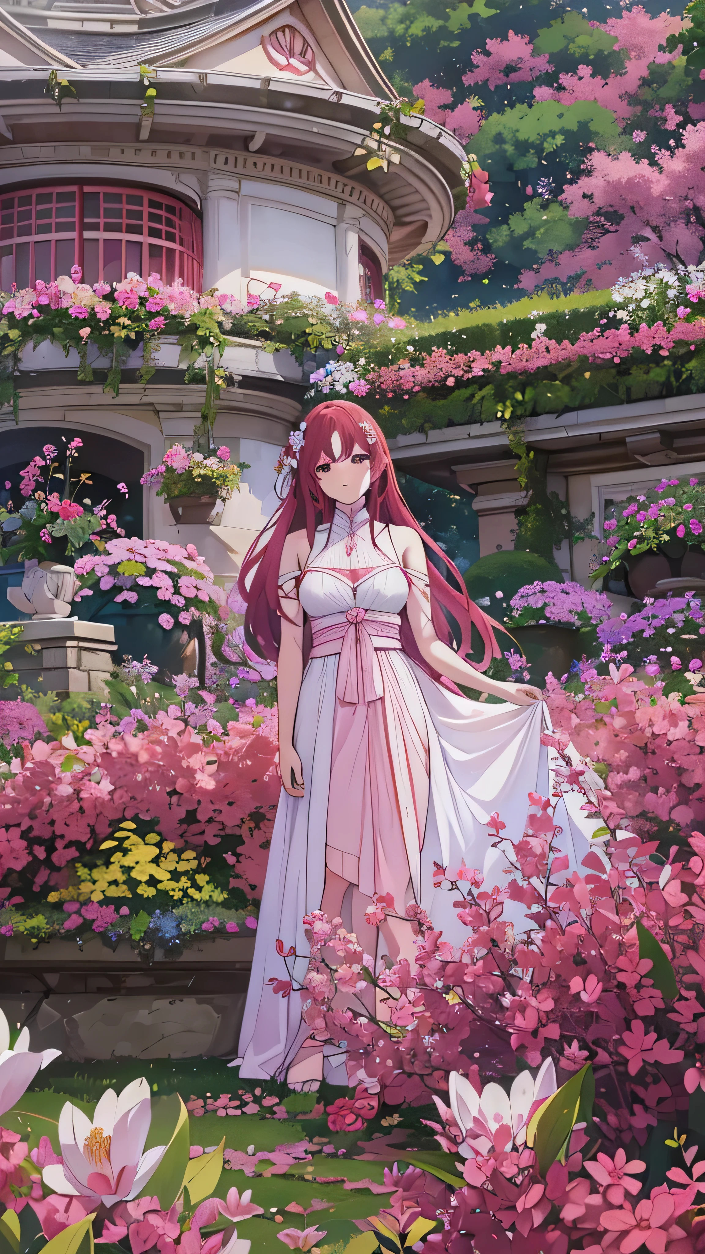  highdefinition images , white dress,  huge space with cute hair ornaments, Maroon hair in the garden ,顔の Details、  beauty,  is tall, Inside a huge space  ,  long hair, in a pink dress 、  Clevis on the Stone , Emotionless,  Details, whole body,  a colorful botanical garden venue 。