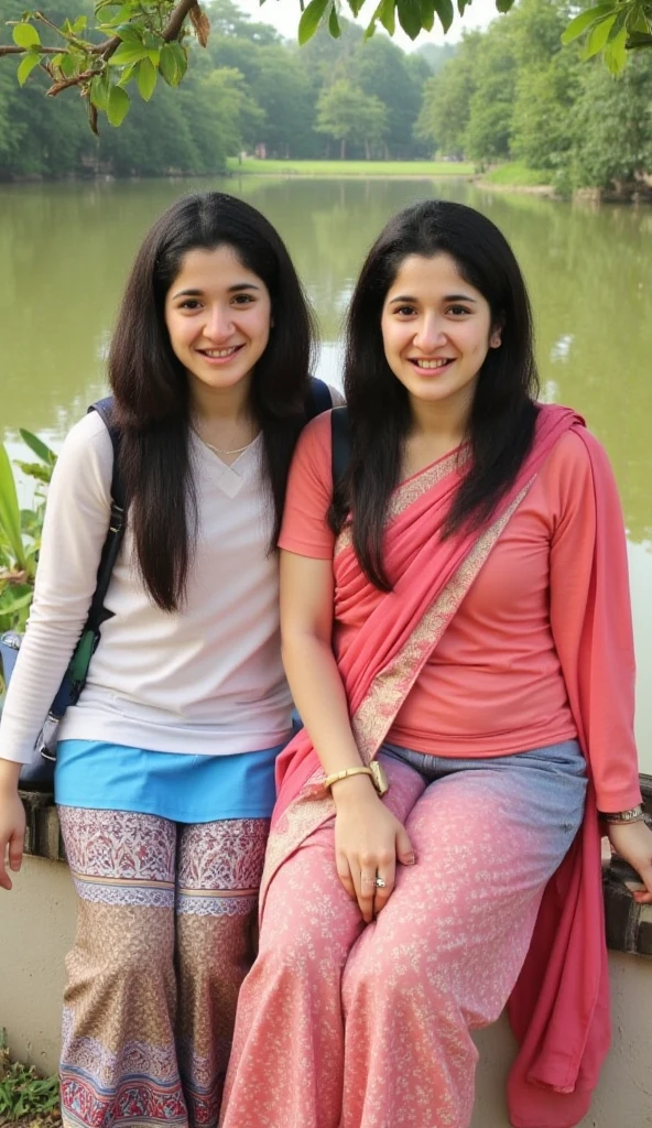 Hania and ashkenzai , two different faces, hania wearing saree  and ashkenzai wears salwar, hania has long hairs, ashkenzai has curly long hair, talking with each others as friends,sitting  pose, photoshoot for nostalgia, scenic back water locations in kerala
