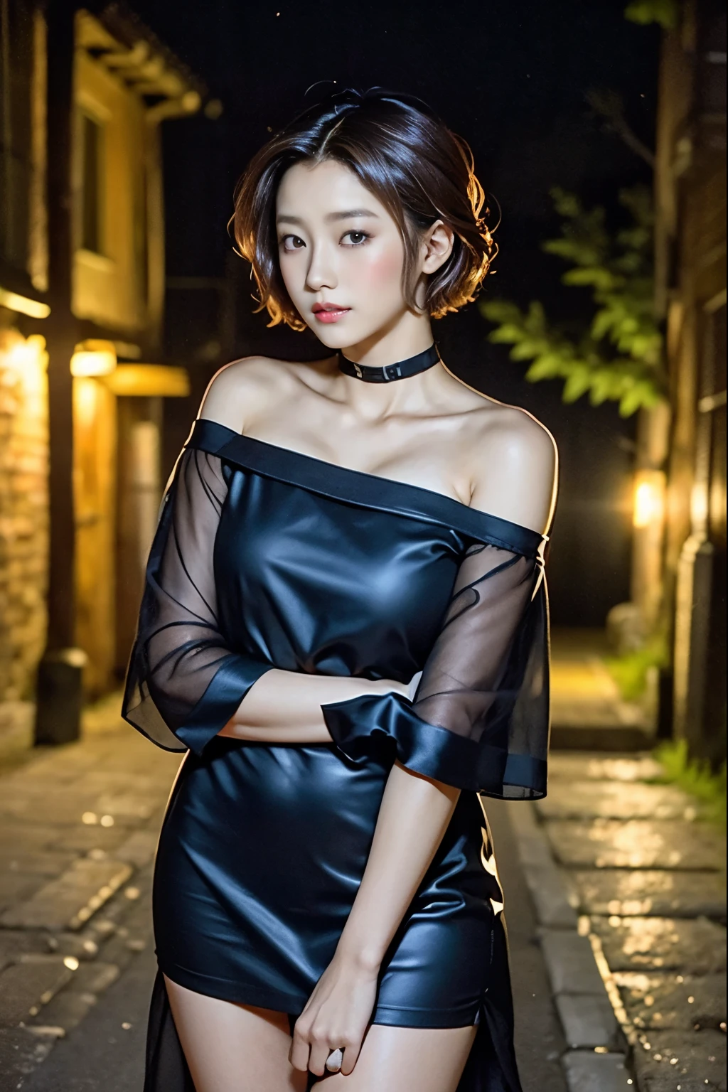 １ girls with light makeup、（Chestnut Hair、Wanren's short cut hair）、wooden ruins at night、（black off-the-shoulder dress、 black choker）、 white skin so you can fall out 、 an impeccable young lady no matter where you look at it、・・・２２Year-old female college student、Crimson lips、Red blush、(( brown skin))、