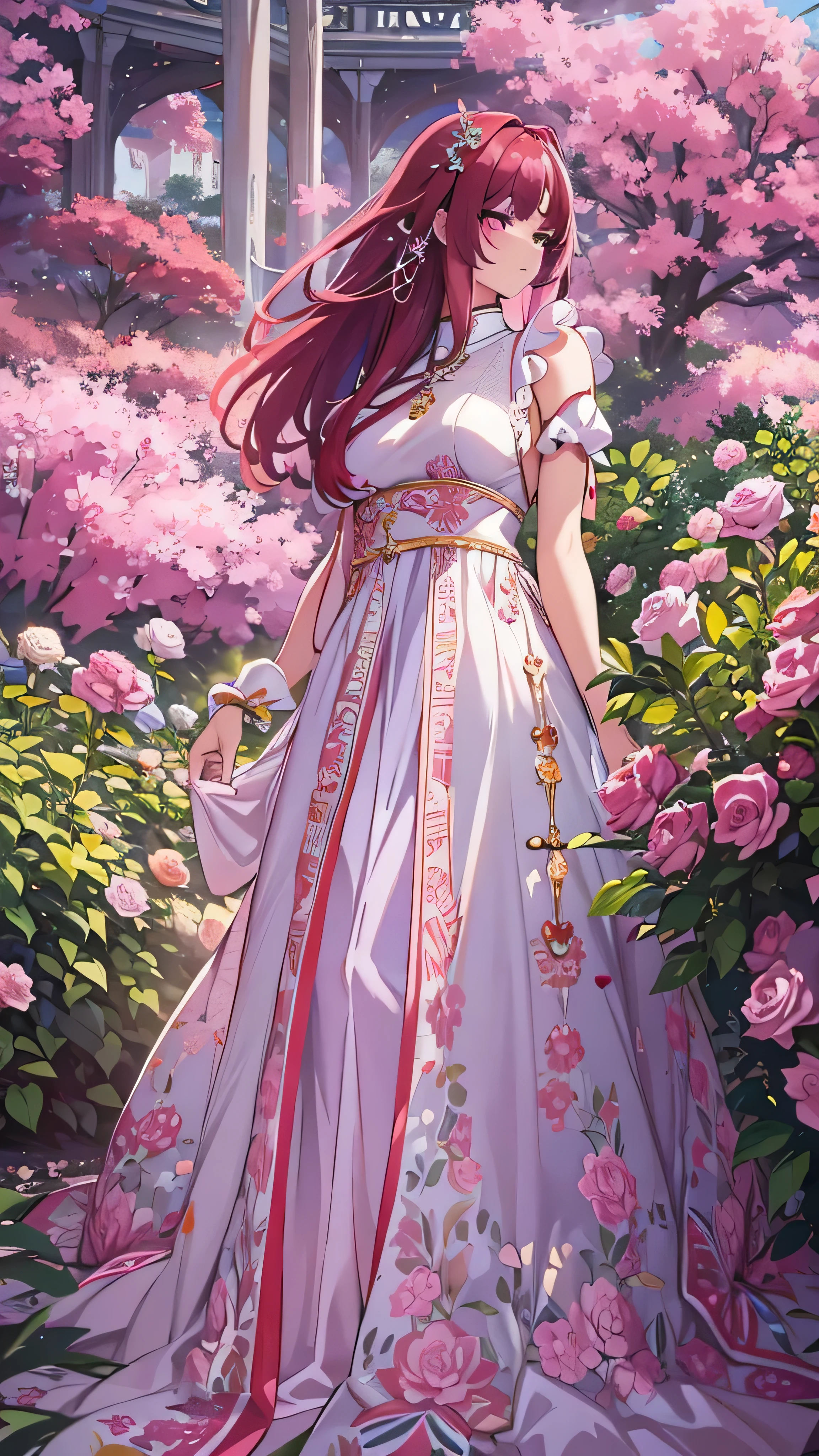  highdefinition images , white dress,  huge space with cute hair ornaments, Maroon hair in the garden ,顔の Details、  beauty,  is tall, Inside a huge space  ,  long hair, in a pink dress 、  Clevis on the Stone , Emotionless,  Details, whole body,  a colorful botanical garden venue 。