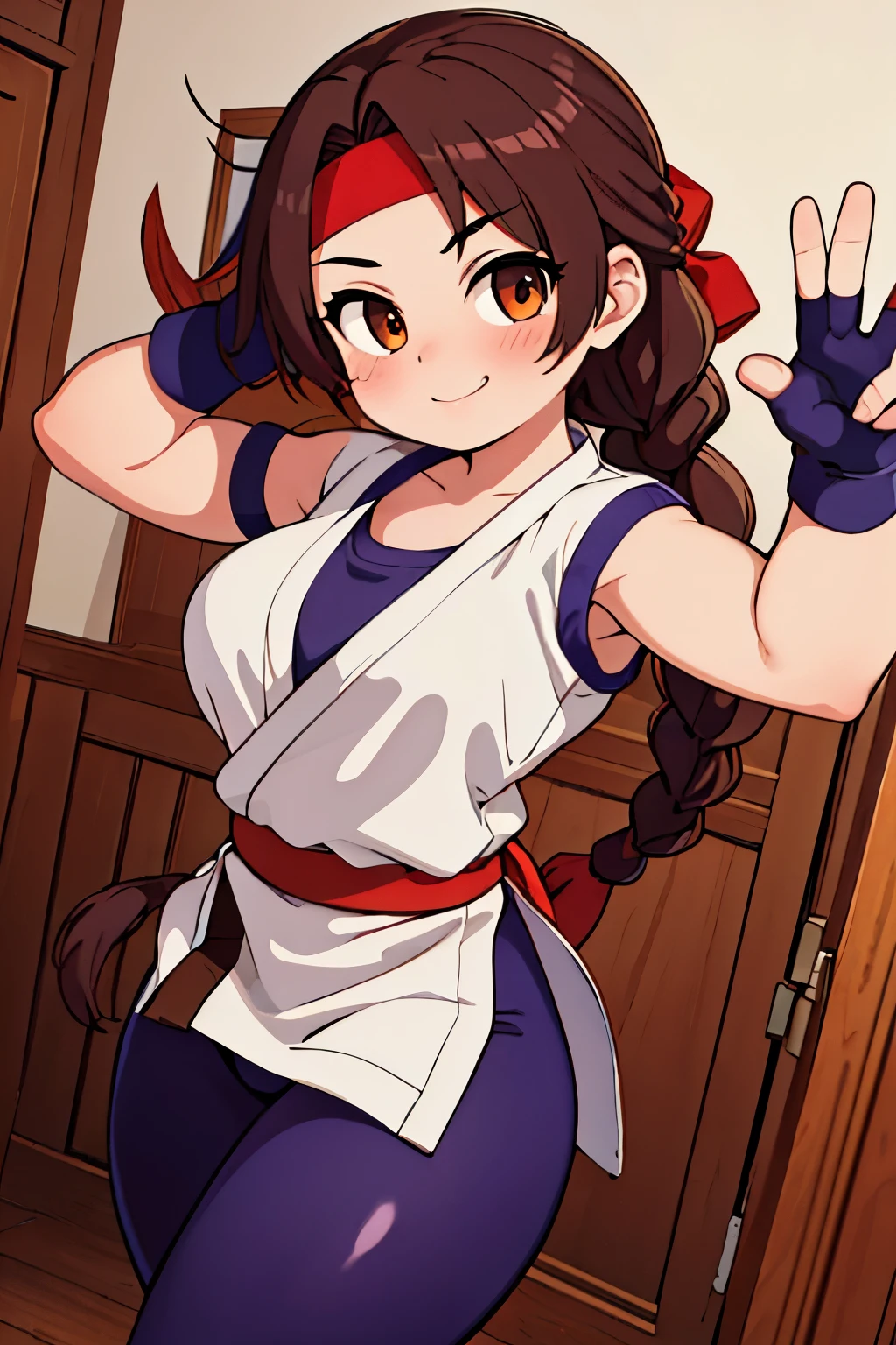 (masterpiece, best quality, high resolution, unity 8k wallpaper, extremely detailed CG:1), (illustration:1.0), 1girl,solo, yurims, headband, dougi, spandex, gloves, thicc thighs, smug, smile, sexy face, fight stance sensual