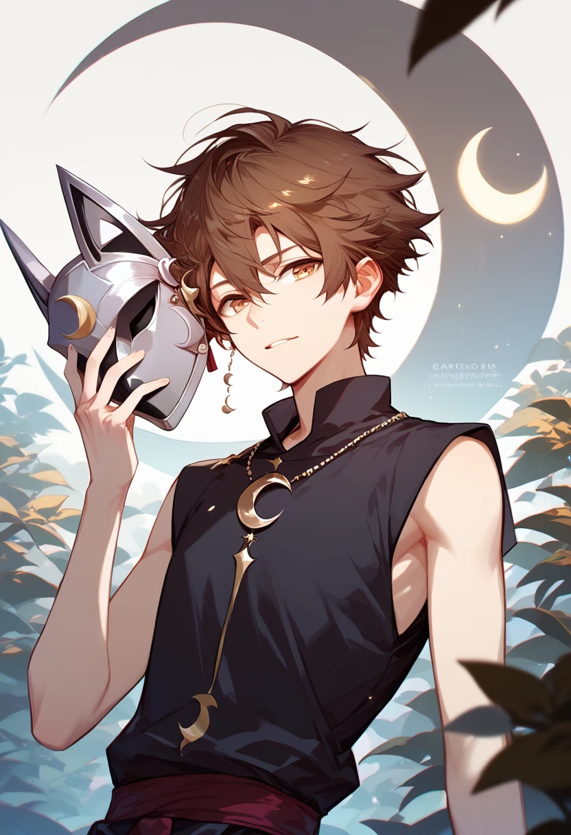 A boy, brown hair, medium short hair, brown eyes, white skin, black female tunic, skinny body, mask that covers half of his face in the shape of a silver crescent moon