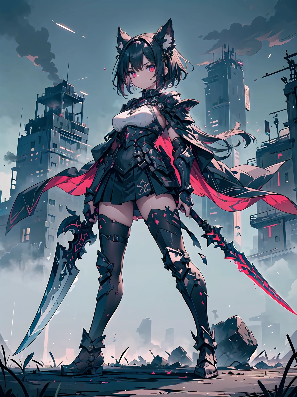 black hair，red eyes，short hair，sister head，earring ，Two white hairpins，Mechanical armor，fantasy style，High Tech Armor，high tech，whole body，stand on the ground，Katana in hand，Does not expose fingers，The background is the city，Blue sky and white clouds
