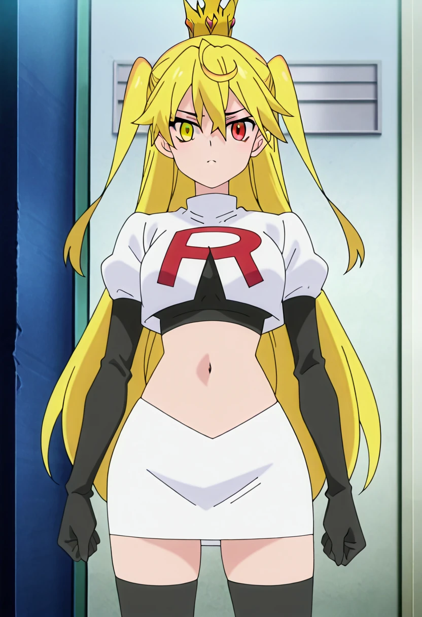 ((team rocket uniform,red letter r,white skirt,white crop top,black thigh-high boots,black elbow gloves,glaring angrily,looking down at viewer,hands on hips,from below)),(best quality,4k,8k,highres,masterpiece:1.2),ultra-detailed,(realistic,photorealistic,photo-realistic:1.37),((HDR,UHD,studio lighting,extreme detail description,professional,portraits,red color scheme,dramatic lighting)),{{sexy squat on toilet, spread legs,black panties,Mariabell Crois, yellow hair, drill hair, twin drills, (long hair:1.1), very long hair,, hair ornament, orange eyes,UHD}}