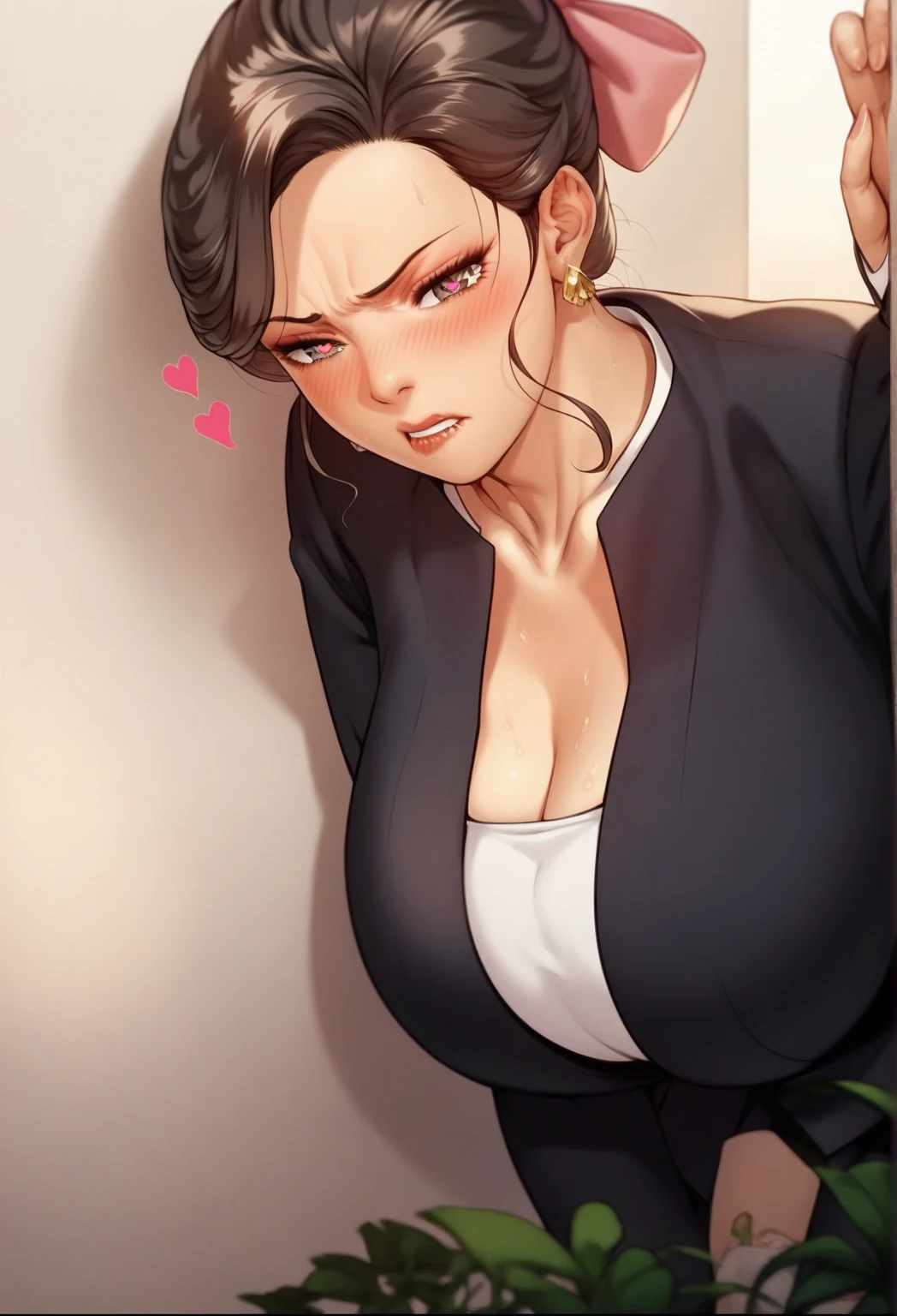 beautiful Japanese woman,Japanese,oily skin,( curvy body ), dark brown hair ,Big breasts,blush,bite your lip,  face of disgust,Elegant bedroom, leaning against the wall , heart-shaped pupils ,sweaty,simple hair bow ,formal fashion ,black pencil skirt,jacket, frontal, leaning forward ,beautiful Japanese face