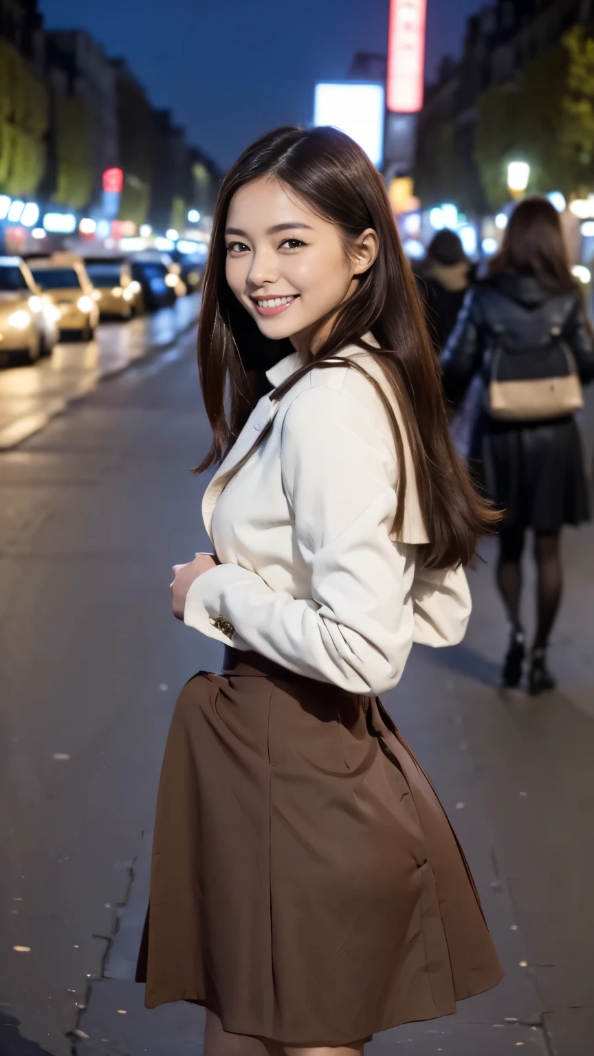 ((  High Quality  、 HD、Masterpiece、8k、   high definition :1.2))、  RAW photos 、Clear photo、( photorealistic:1.3)、   Details、  one woman、  beautiful women、   is smiling softly  、  Brilliant Appearance  、  See the winter scenery of Paris 、  japanese model、Age 25、(  brown short coat 、  Long Skirt、White pumps:1.2)、 light makeup、 thin eyebrows on boots、  Details face、  Details eyes、 standing in good posture、  beautiful legs with tails、  perfect ratio、: 166cm、  slim figure、 realistic skin texture、   beautiful skin 、(  delicate hair  、 semi-long hair、  dark brown hair  :1.2)、 outdoor、(See Parisian winter scenery in Paris in winter 、  Champs Elysées Around the World 、French cities:1.1), Erection under clothes