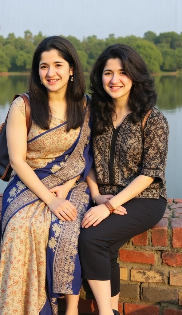 Hania and ashkenzai  are two different persons with two different facial features, one is curvy, other is chubby , two different faces, hania wearing saree  and ashkenzai wears salwar, hania has long hairs, ashkenzai has curly long hair, talking with each others as friends,sitting  pose, photoshoot for nostalgia, scenic back water locations in kerala
