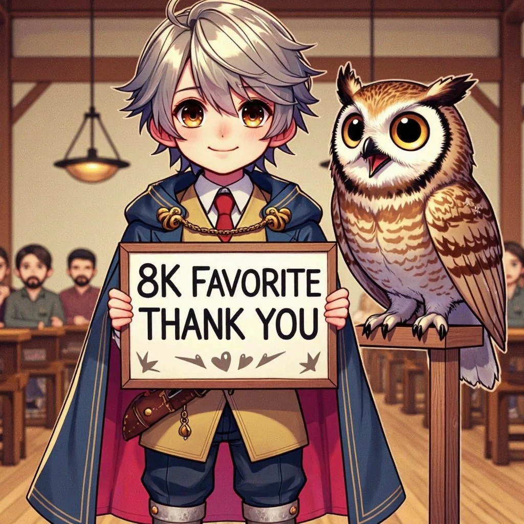 masterpiece、 best quality 、 high definition、 Detailed Description 、"8ｋ　favorite　 thank you" written on it {x}、owl，