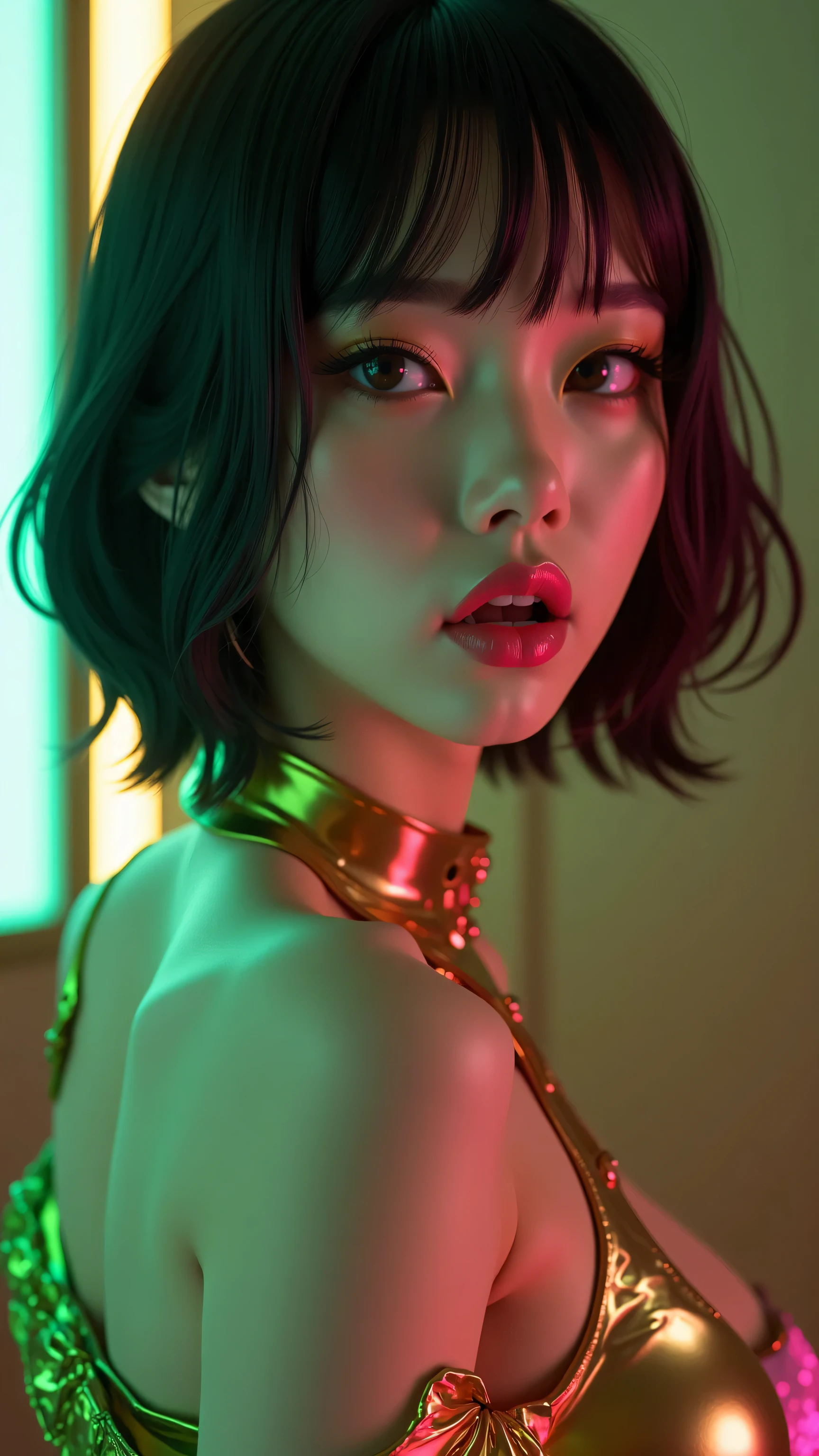 neongirls a nude naked sexy asian woman, provocative makeup, (mimic wrinkles:1.2), (pixie tomboy haircut), slim body, perfect breasts, (laying on bed:1.2), detailed face, high quality, very sharp, intricate detail, professional photography <lora:mof-neongirls-v1_0:0.7>