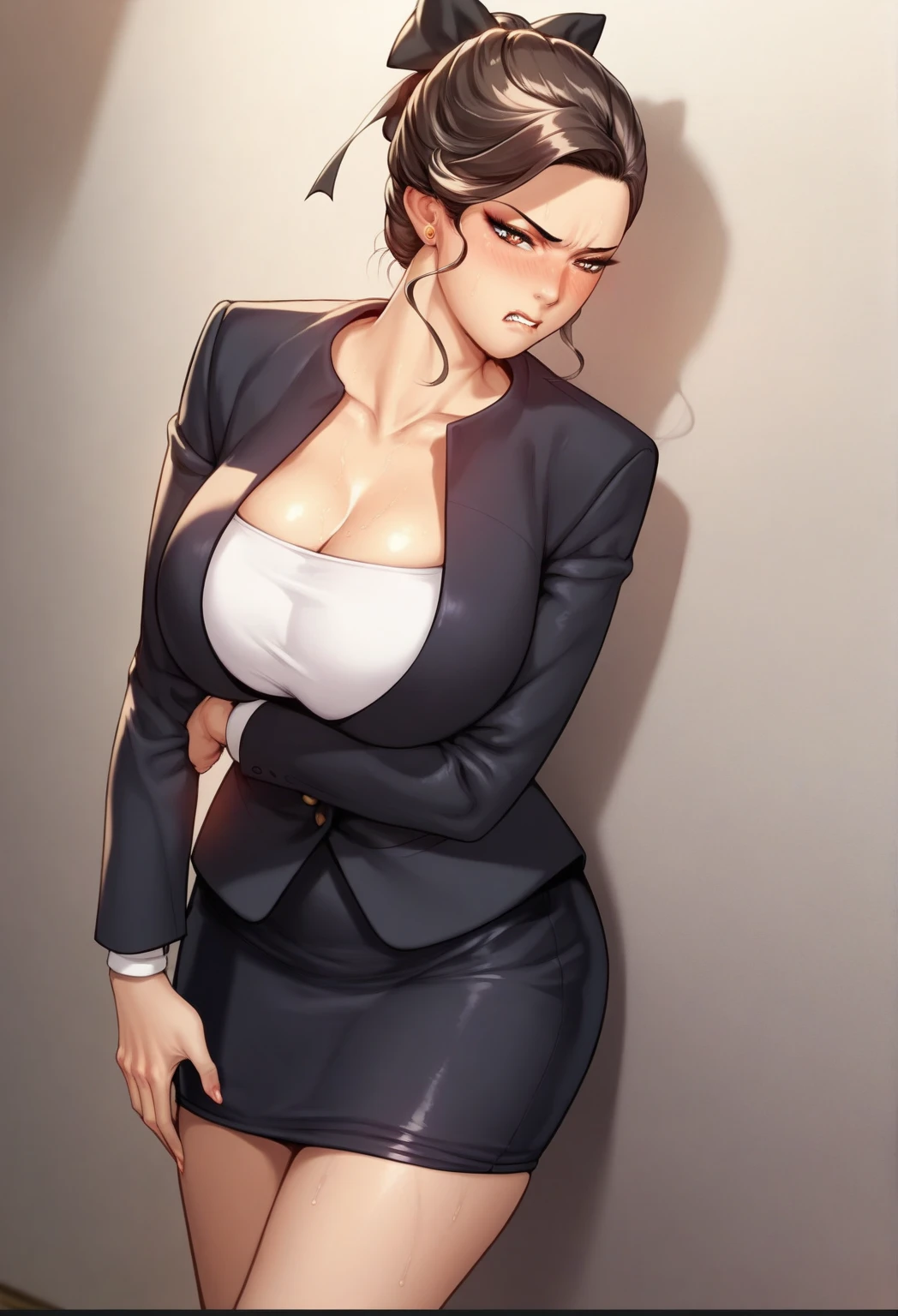 beautiful Japanese woman,Japanese,oily skin,( curvy body ), dark brown hair ,Big breasts,blush,bite your lip,  face of disgust,Elegant bedroom, leaning against the wall , heart-shaped pupils,sweaty,simple hair bow ,formal fashion , black pencil mini skirt,jacket, frontal, leaning forward ,beautiful Japanese face