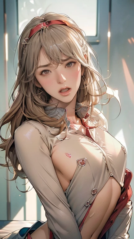 very young slim fit girl, (rounded face:1.2), very long disheveled dark brown hair, (big brown eyes:1.2), shy, perfect flat breast, band on head with fake cat ears, parororo, blue thight microskirt, belt, eyelashes, topless, ariawm, accurate snub nose, (very long strand of hair between eyes:1.3), hands on glass, breast press on glass
