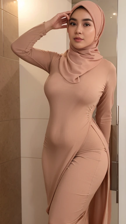 Woman Malay wearing hijab, wearing tight dress, perfect body, seen from behind, focused on her ass, standing ass, big ass, wide legs, perfect thin waist, Hyper realistic, CG unity 32k ultra engine, hyper details,