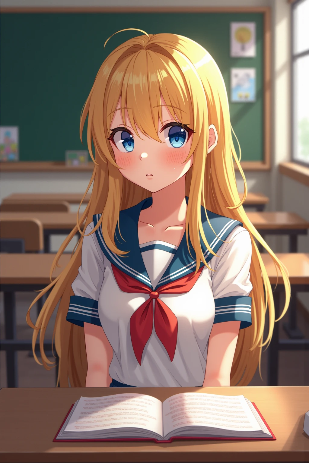 (Heavy makeup:1.3),16 years old,smile,blonde,Wave Long,Japanese,White shirt, Thailand, Pleated skirt, Micro Mini Skirt, loafers, whole body,Beautiful thighs,Sitting,(Real schoolgirl:1.3),(Honor student),Classroom during lesson,Spread your legs,blue eyes:1.1,necklace、bracelet