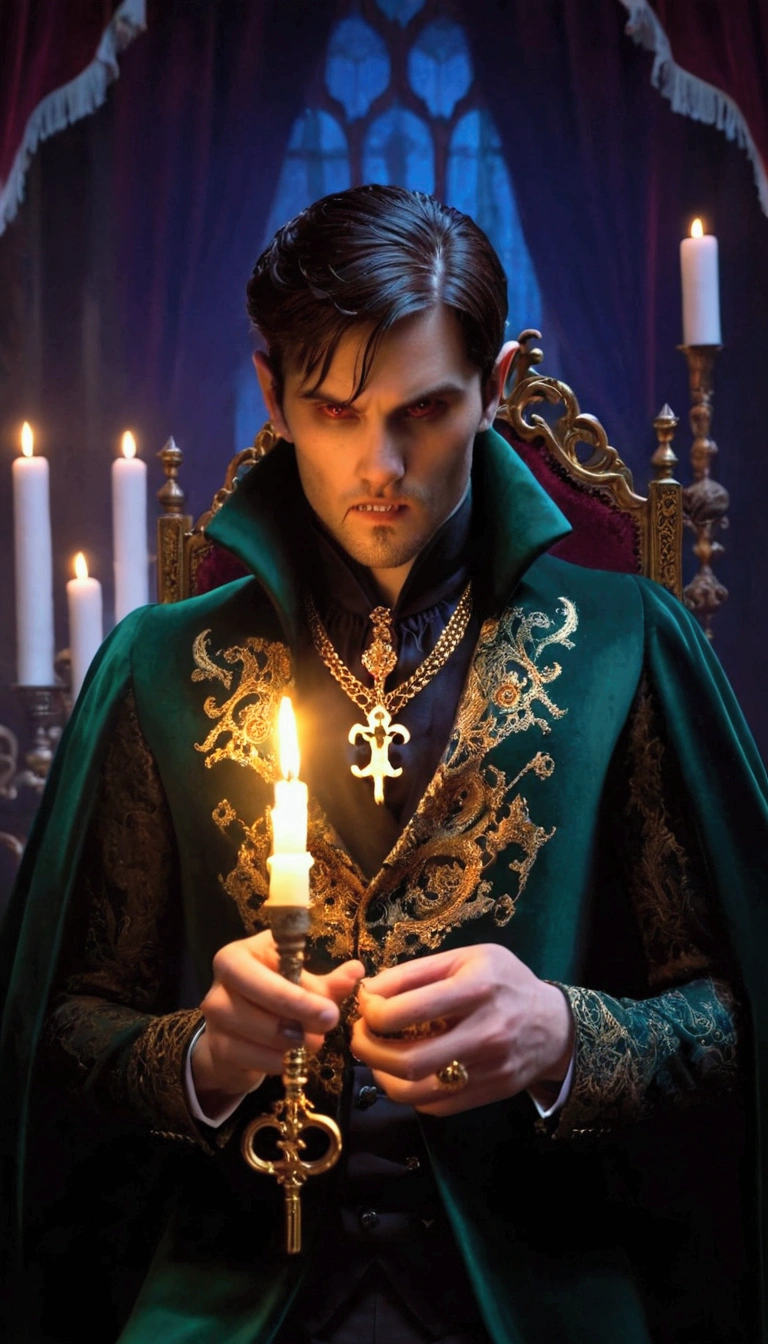 A vampire man, sitting on a dark green velvet throne , wearing a dark teal coat , adorned and embroidered with gold and metallic arabesques . The coat is accented by golden details , that resembles intricate dragon embroidery on gold thread . He also wears a matching vest and a tie with ruffles . His hair is dark , carefully combed. Her expression is intense , macabre, royal cases, and shows its very long fangs in a bite-like movement . He holds a golden object ( similar to an exquisitely ornamented miniature antique key ) in your hands. The room is dimly illuminated by candles , creating a warm glow with a dark and dramatic atmosphere . The background of the throne is rich and dark , with very high backrest and touches of Gothic aesthetics . Hyperrealistic representation of fabrics and details , highlighting textures and shadows . Include detailed elements such as embroidered patterns , jewelry, . Focus on the man's facial expression and posture to convey a sense of power and mystery. Use Strong Colors , deep shadows , and a warm neon light reflected by the candles .