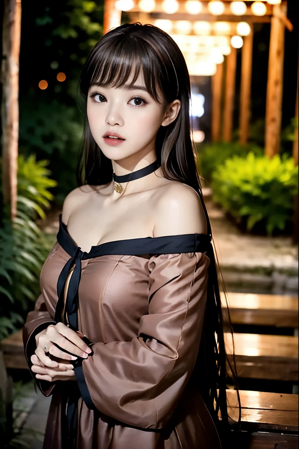 １ girls with light makeup、（Chestnut Hair、Long hair with vertical rolls）、wooden ruins at night、（black off-the-shoulder dress、 black choker）、daughter、２２Year-old female college student、Crimson lips、Red blush、(( brown skin))、