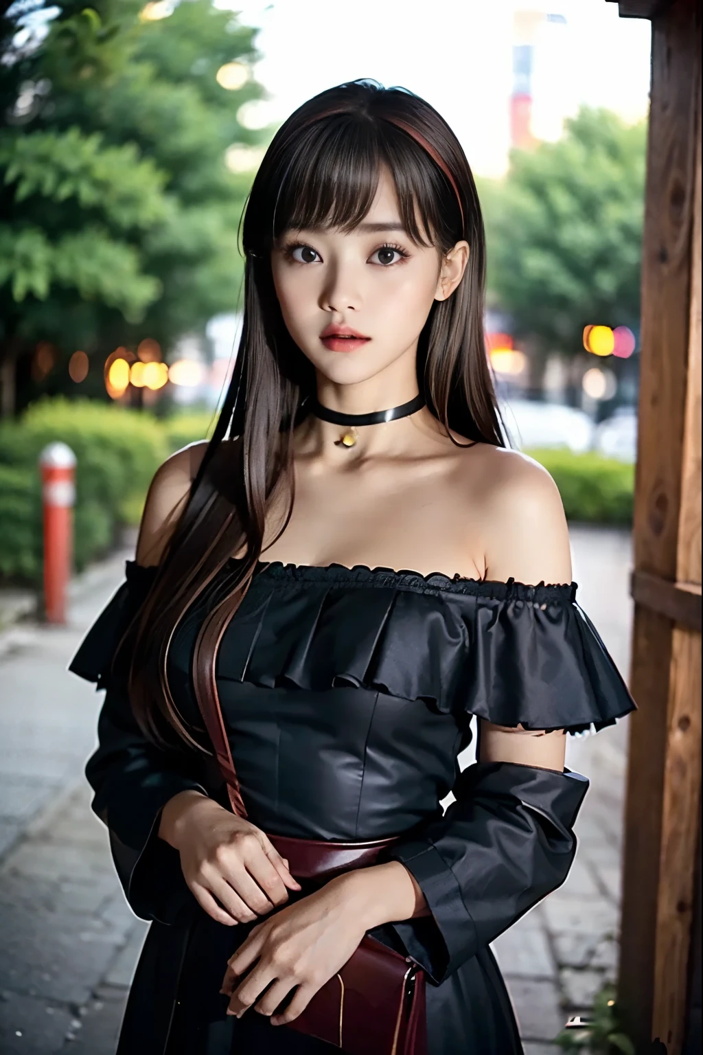 １ girls with light makeup、（Chestnut Hair、Long hair with vertical rolls）、wooden ruins at night、（black off-the-shoulder dress、 black choker）、daughter、２２Year-old female college student、Crimson lips、Red blush、(( brown skin))、