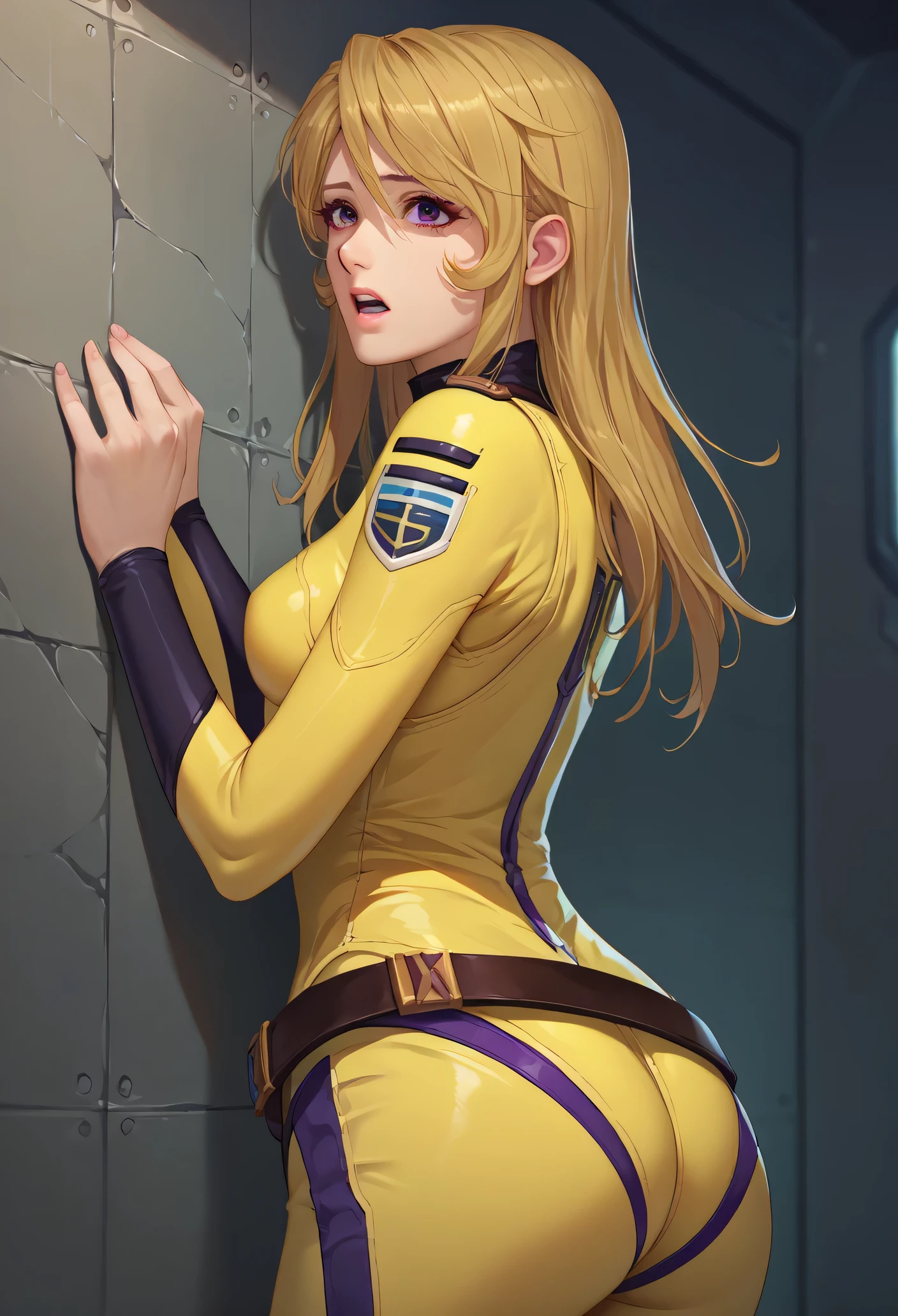 score_9, score_8_ up, score_7_ up, source_Anime, from behind, Alone, 1 girl, Yuki Mori, open lips, on your face, is standing, grabbing own teeth, Blonde, purple eyes, yellow bodysuit, belt, teeth, sci-fi , indoor, Metal wall