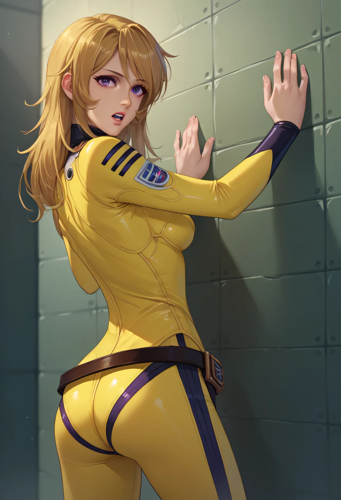 score_9, score_8_ up, score_7_ up, source_Anime, from behind, Alone, 1 girl, Yuki Mori, open lips, on your face, is standing, grabbing own teeth, Blonde, purple eyes, yellow bodysuit, belt, teeth, sci-fi , indoor, Metal wall